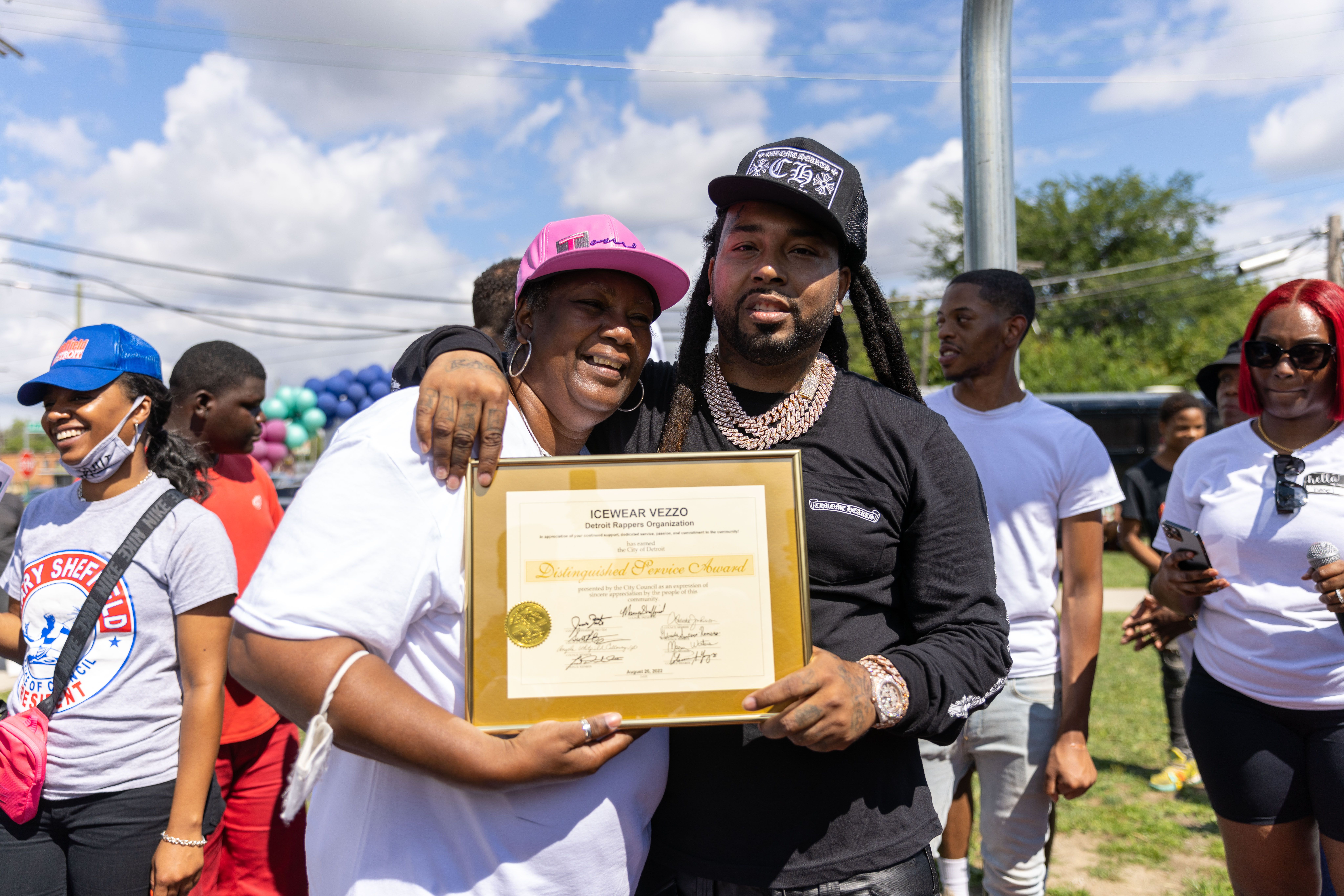 Vezzo and his mother, Mildred Smith, at the rapper's back to school giveaway on Aug. 26,