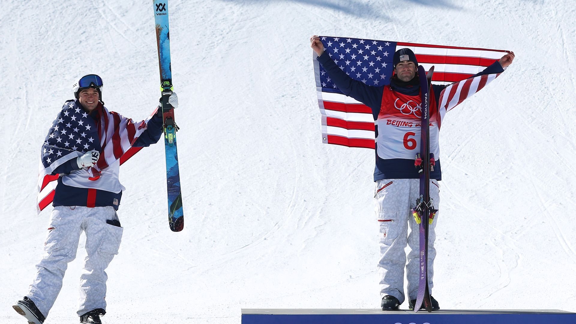 Team USA's gold medalist Alexander Hall Silver and medallist Nicholas Goepper celebrate the Men's Freestyle Skiing Freeski Slopestyle Final on Day 12 of the Beijing Winter Olympics.