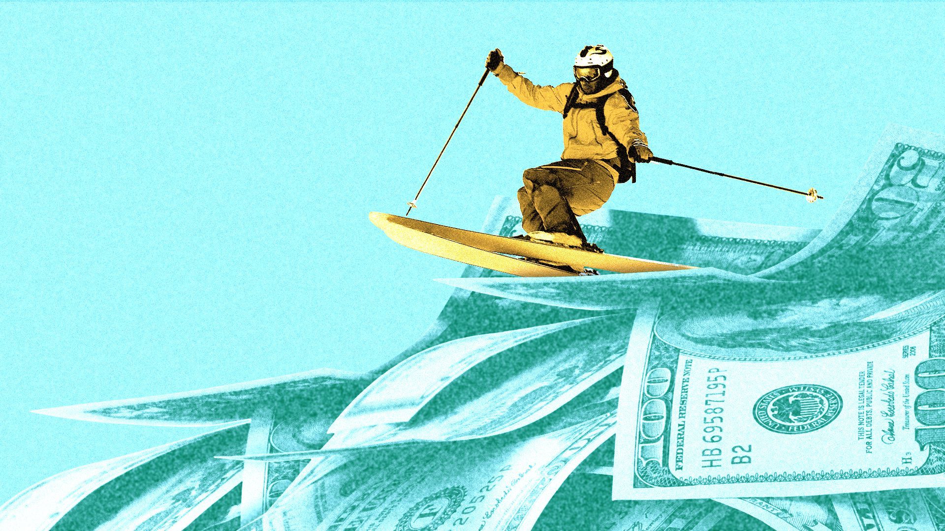 Illustration of a person skiing on a mountain made of money.