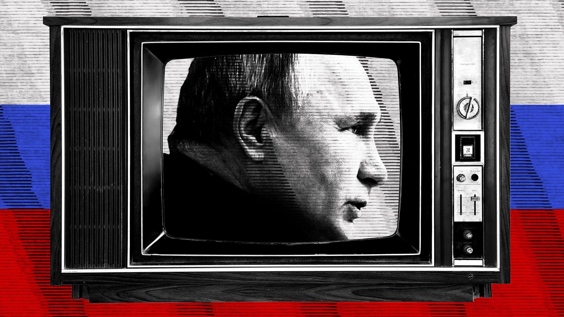 Photo illustration of President Vladimir Putin with a television set and the Russian flag