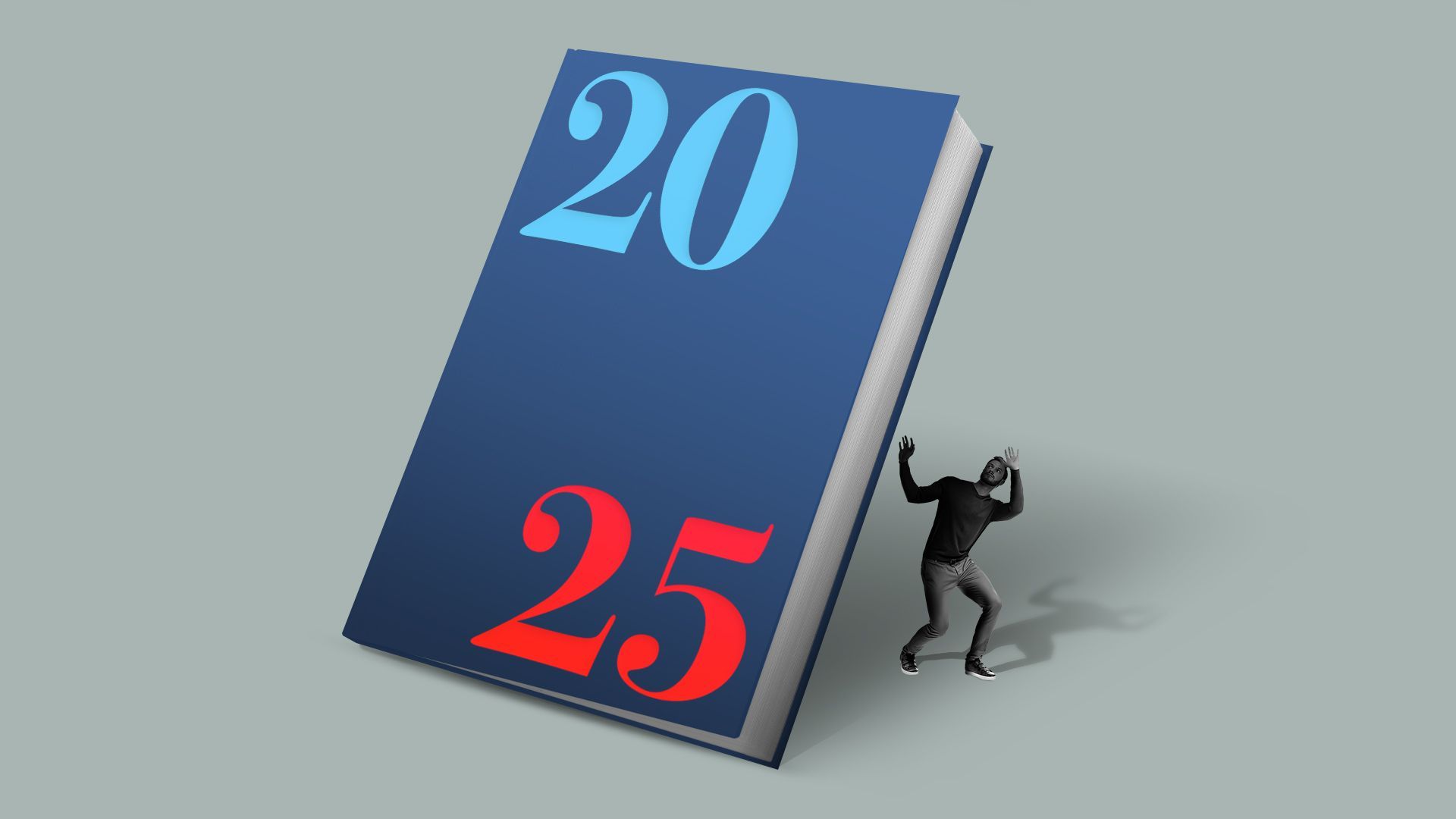 Illustration of a giant copy of the Project 2025 book about to fall on a small person's figure. 