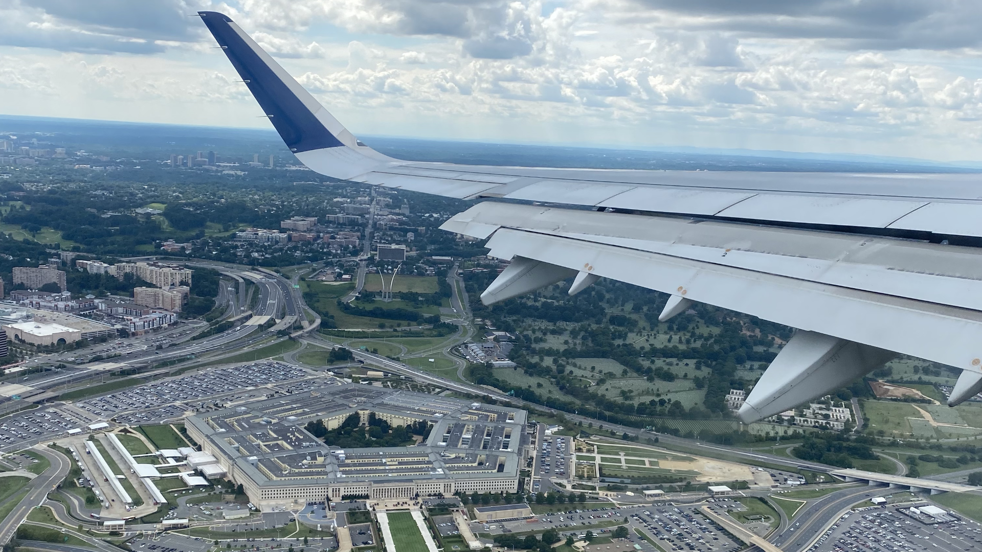 An aerial view of the Pentagon from a plane.