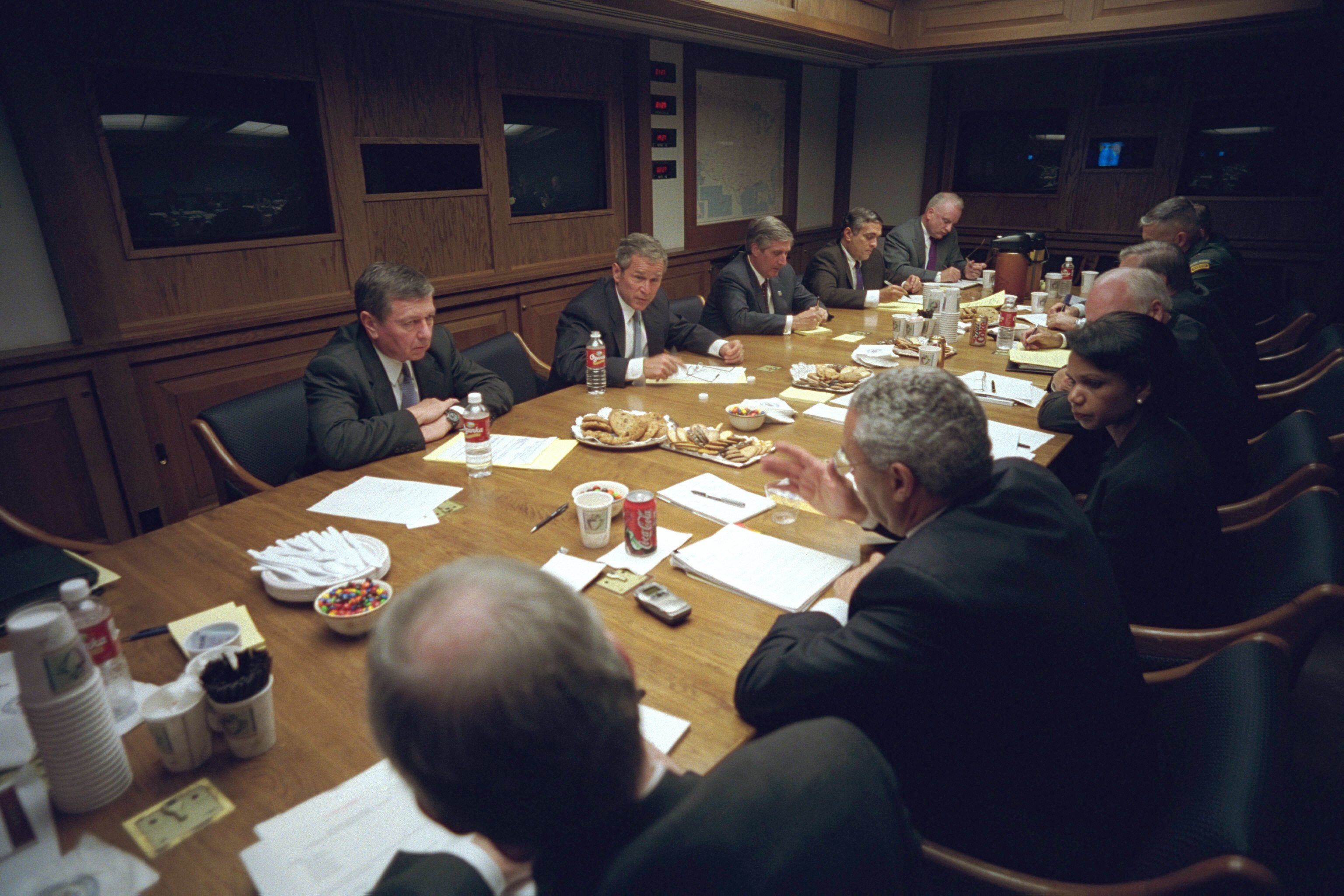 After the 9/11 attacks, President George W. Bush met with this National Security Council in the East Wing bunker, which was reportedly dismantled in the East Wing demo. Photo by Eric Draper, Courtesy of the George W. Bush Presidential Library