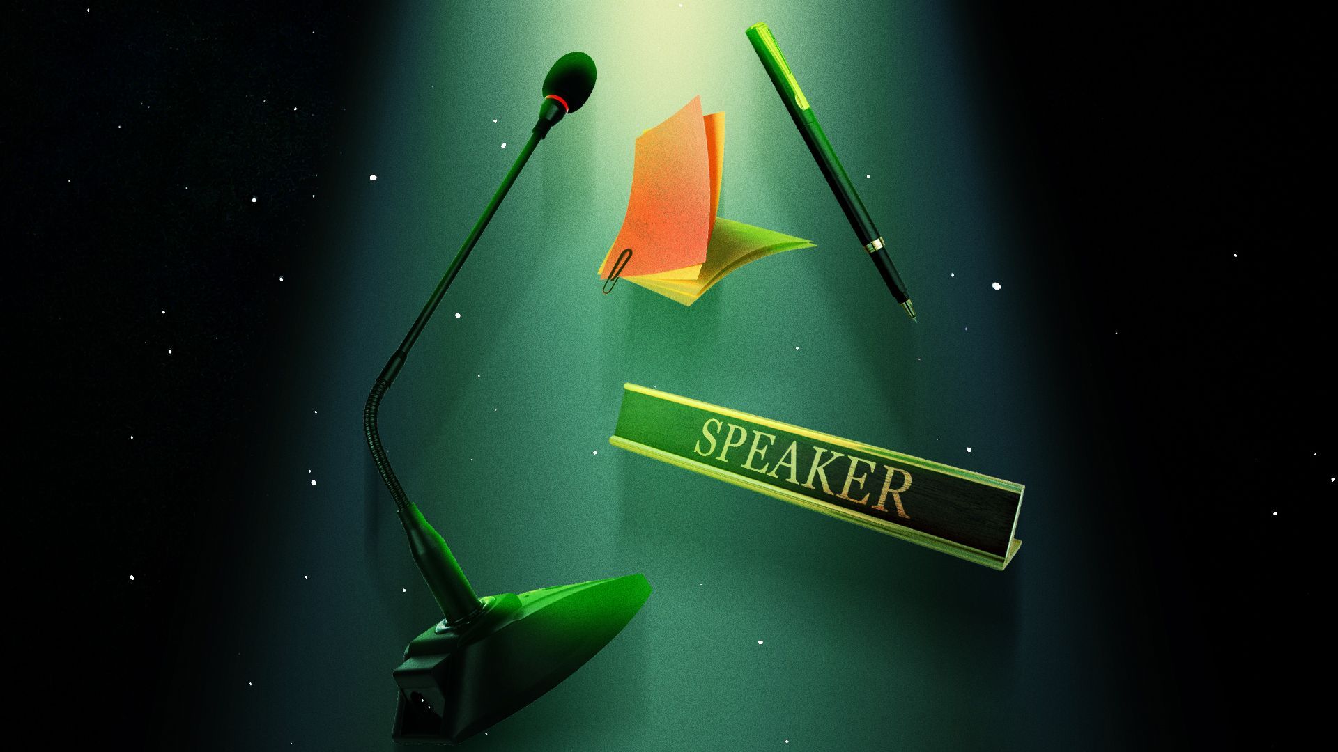 Illustration of meeting items being beamed up into outer space.