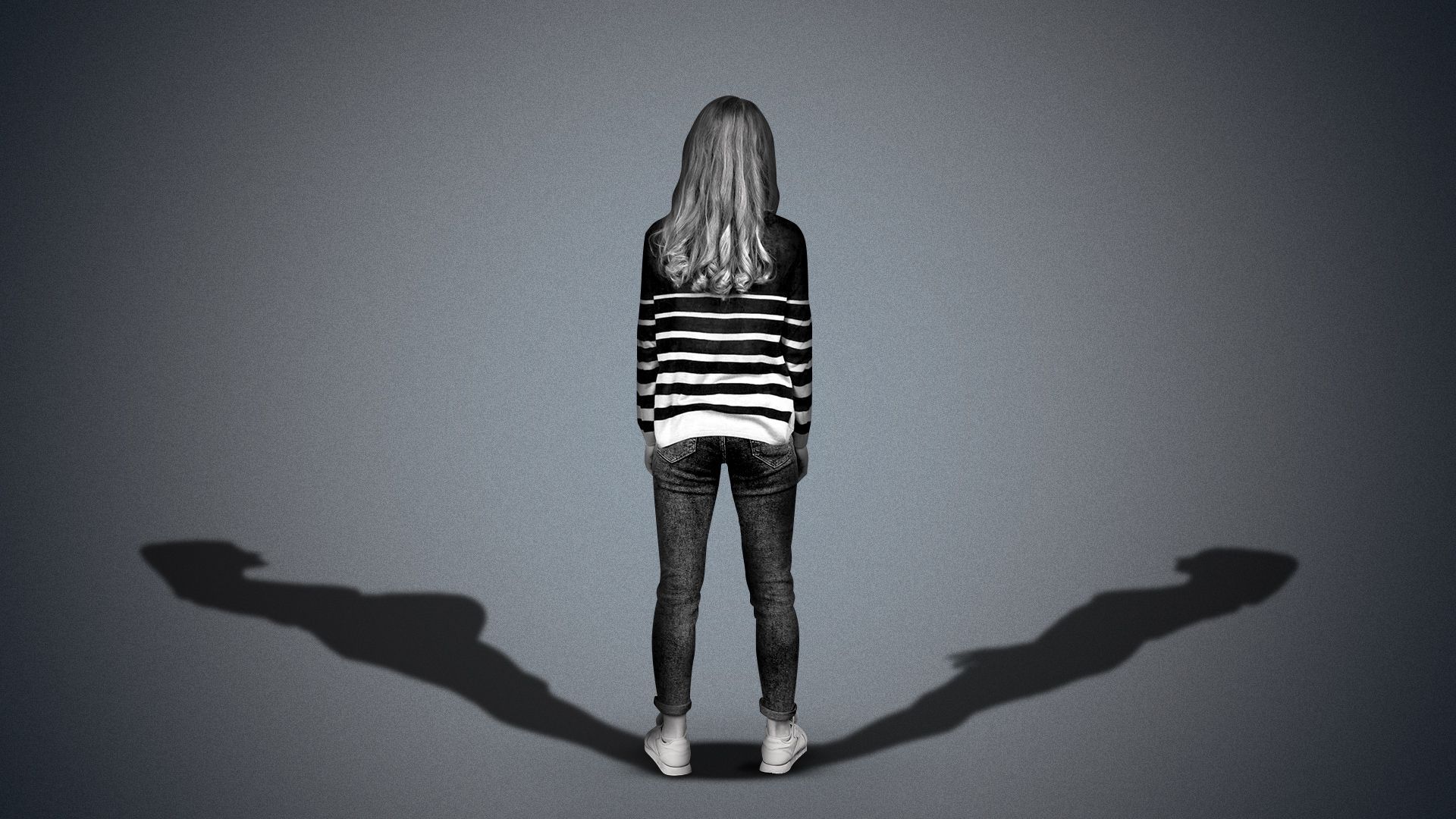 Illustration of a woman casting two shadows, one shadow is of a pregnant woman and the other of a non-pregnant woman. 