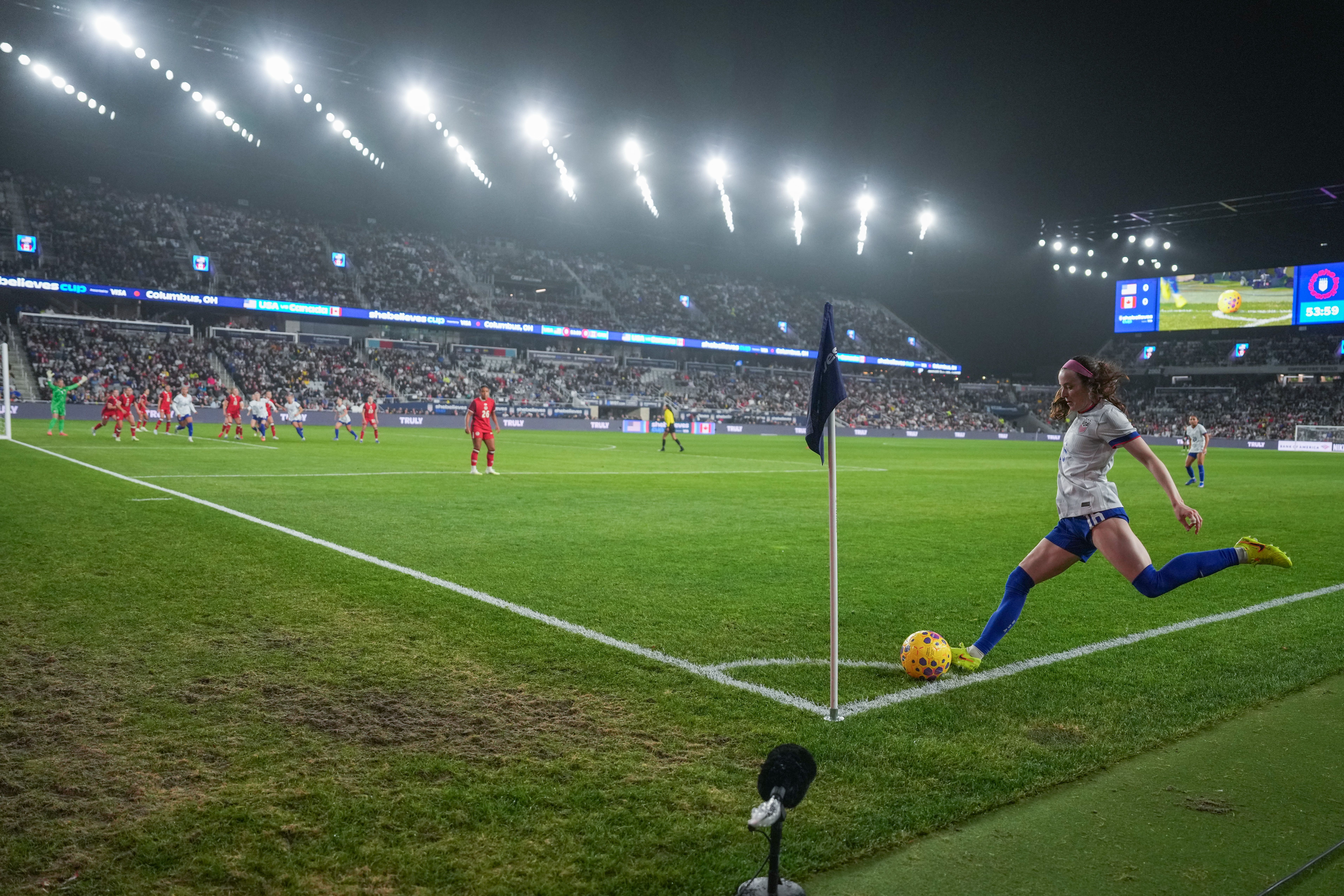 U.S. Women's National Team player Rose Lavelle takes a corner kick during the SheBelieves Cup in Columbus