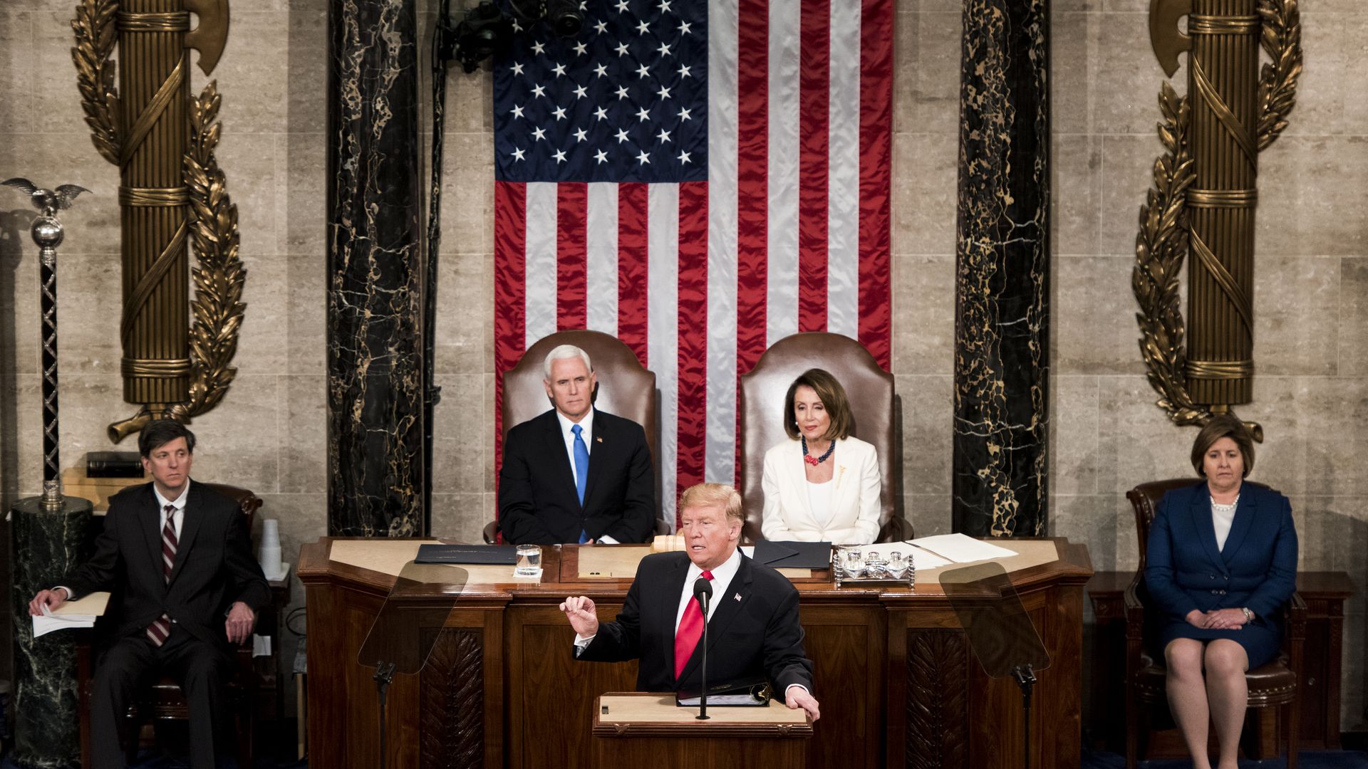 Donald Trump, Nancy Pelosi and Mike Pence at the 2019 State of the Union.