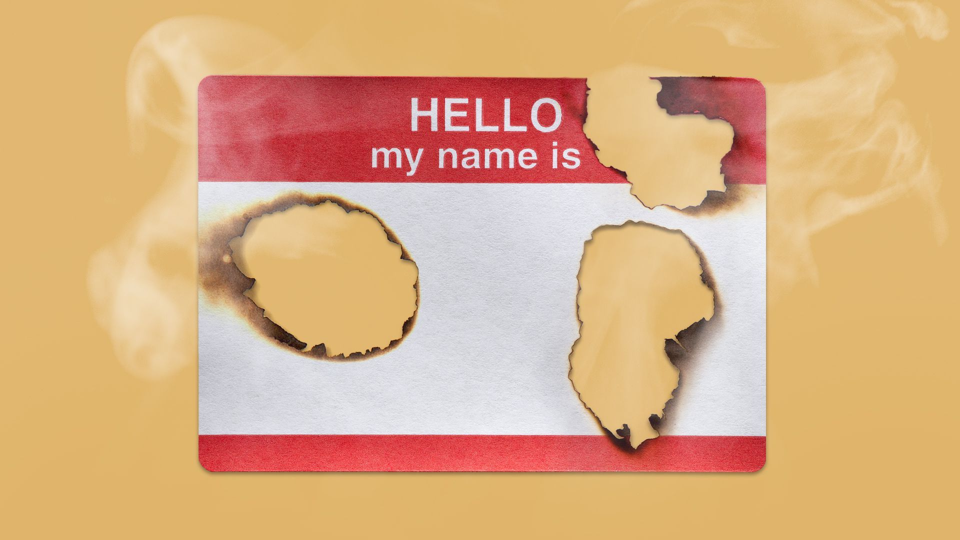 Illustration of a smoldering name tag sticker with burn holes
