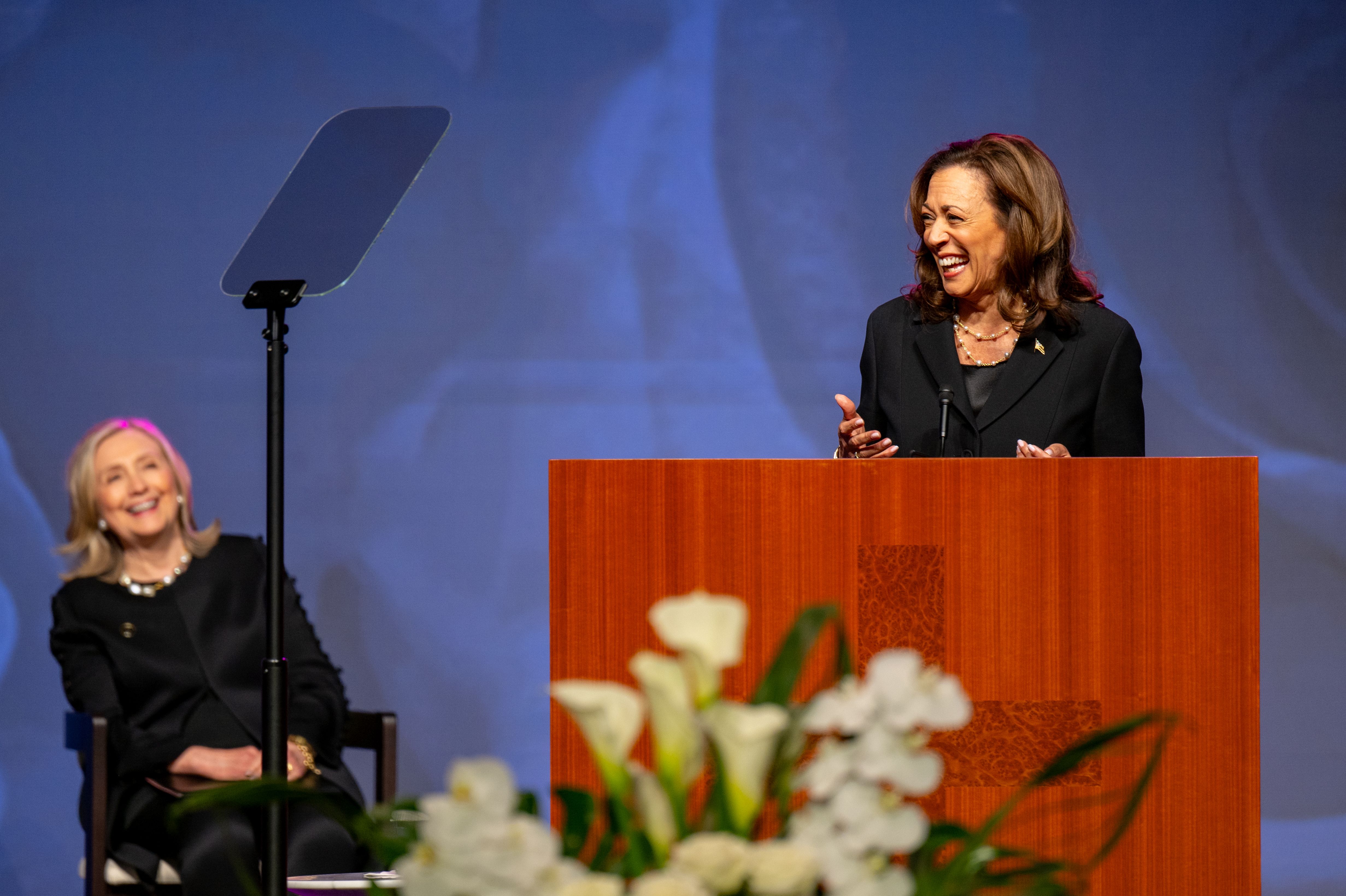 Vice President Kamala Harris gives the eulogy during Congresswoman Sheila Jackson Lee's during funeral service at the Fallbrook Church on August 01, 2024 in Houston
