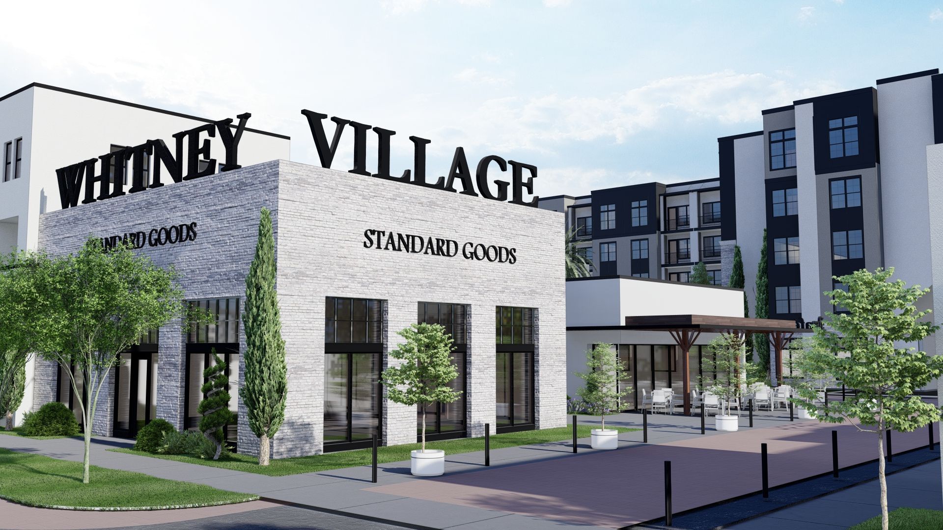 A rendering showing a shop called "Whitney Village Standard Goods."