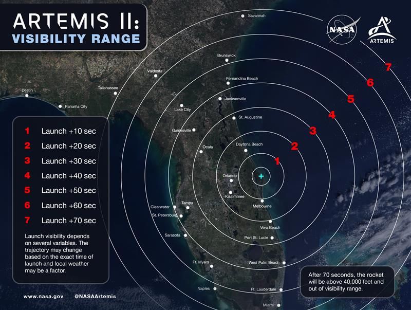NASA map showing how to watch Artemis II in Florida and Georgia.