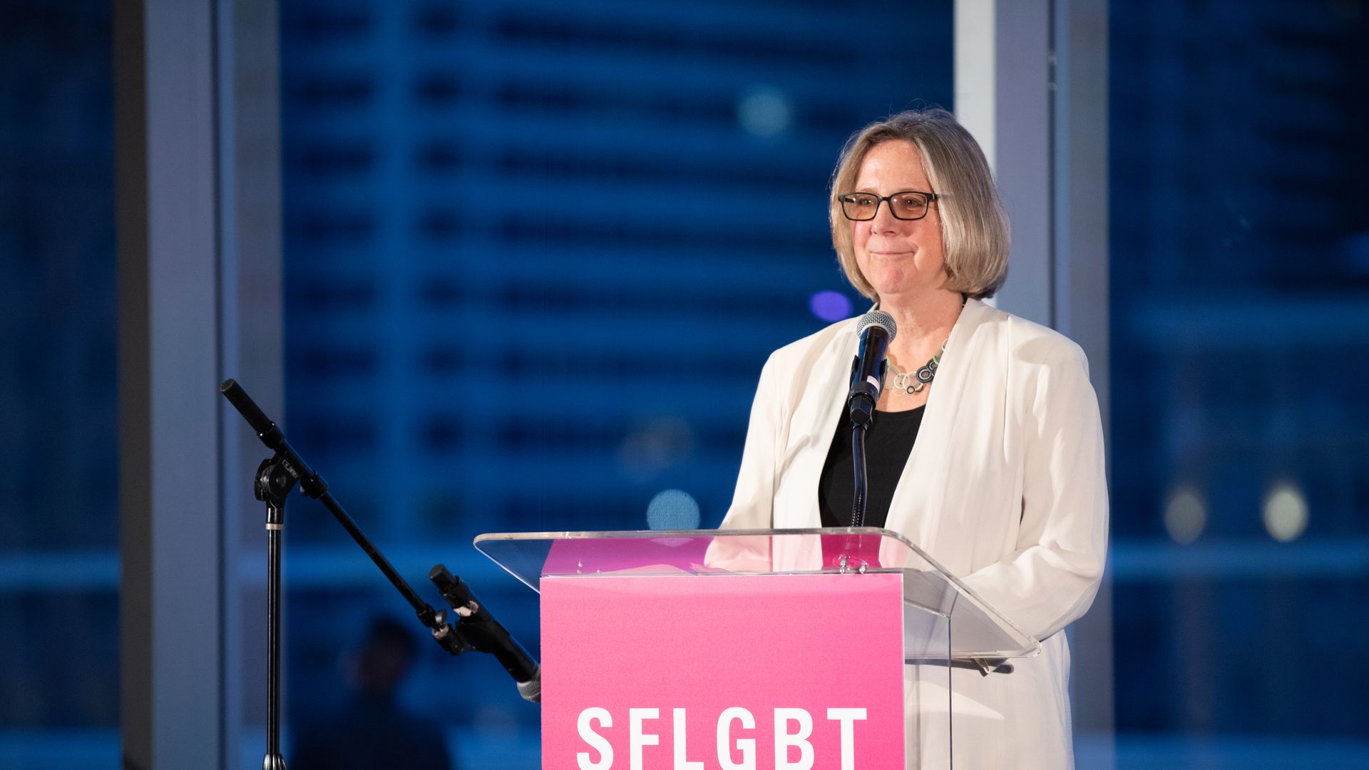 SF LGBT Center executive director Rebecca Rolfe speaking at an event in 2024. Photo: SF LGBT Center