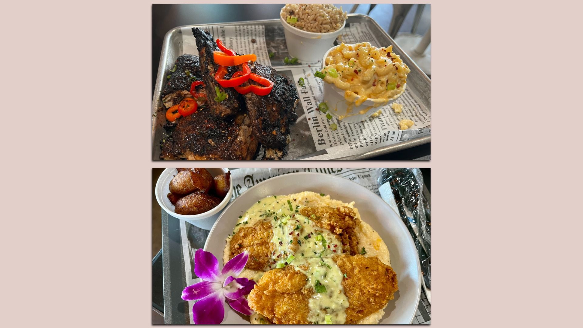 Two-panel tray meal on newspaper: top shows charred BBQ ribs with red pepper slices and sides of rice and macaroni; bottom features fried chicken with creamy herb sauce over rice, with a purple orchid.