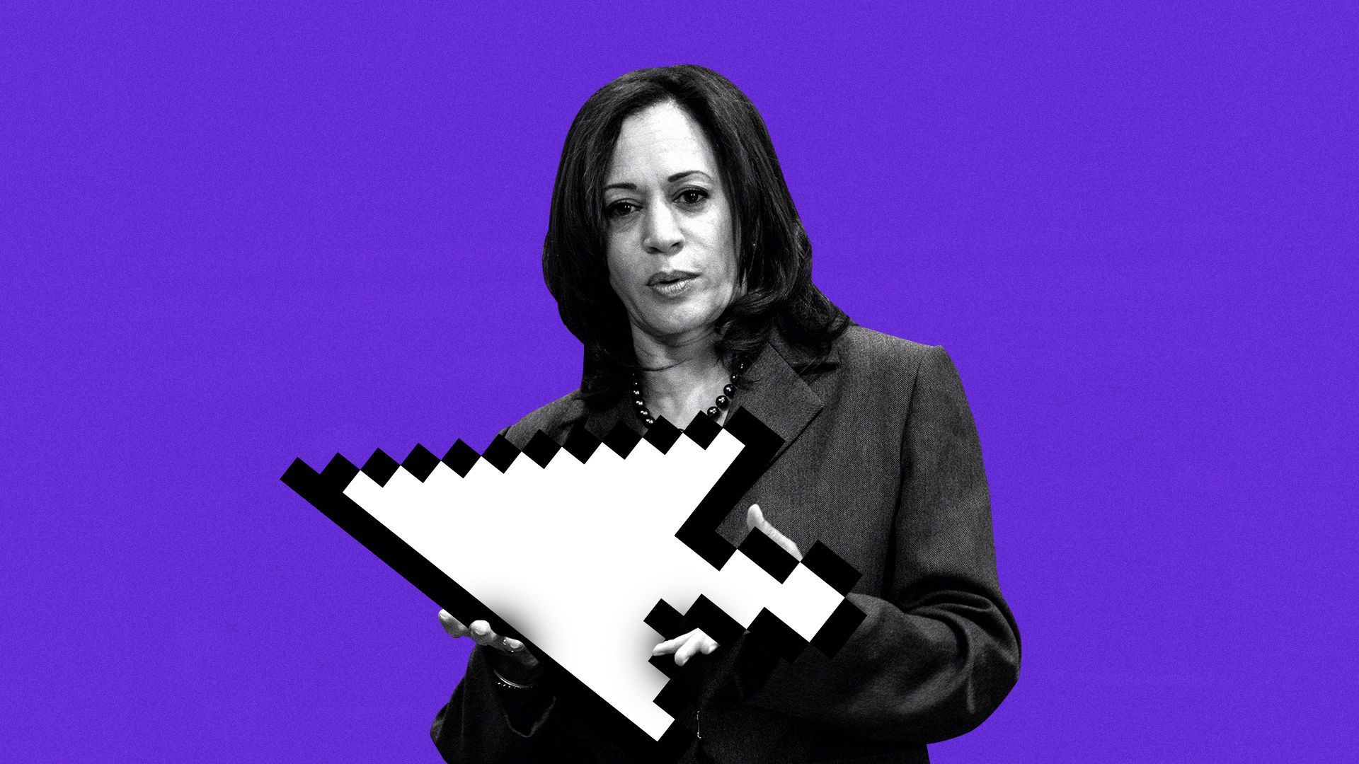 Photo illustration of Kamala Harris holding a giant cursor.