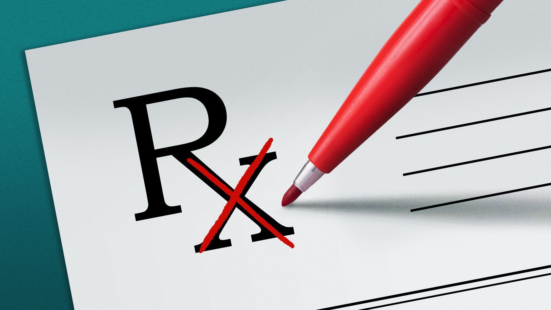 An illustration of a prescription pad with a red pen marking the letter x over an Rx.