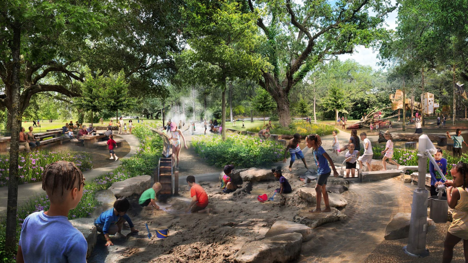 Image shows a rendering of children playing in an outside playground with a sandpit and logs.