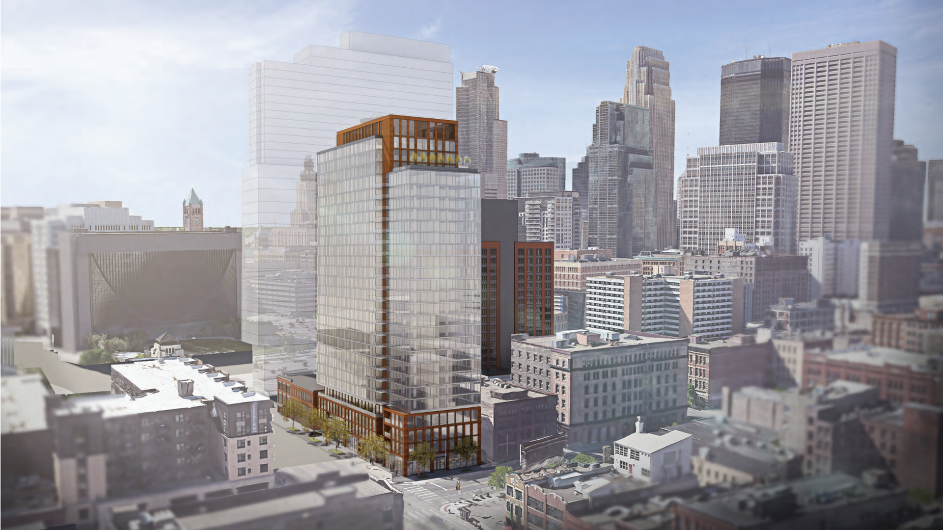 A rendering of a tower with the Minneapolis skyline behind it