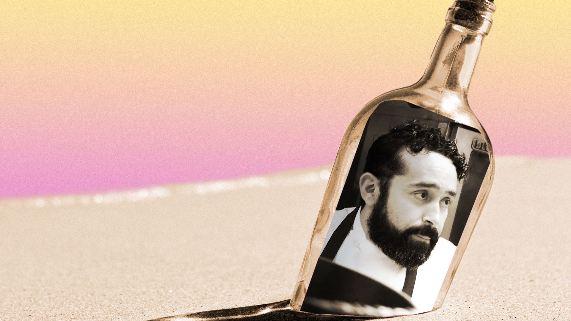 Photo illustration of David Muñoz on a bottle in the sand.