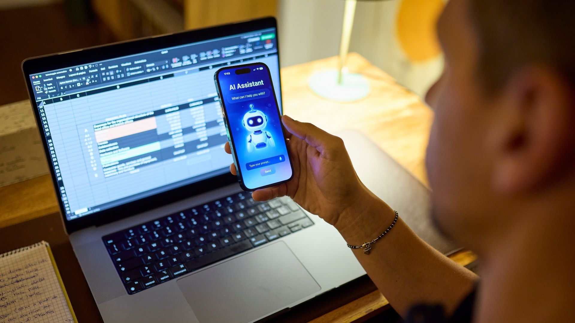 A person holds a smartphone displaying the "AI Assistant" app with a blue robot, in front of a laptop showing a spreadsheet on a wooden desk.