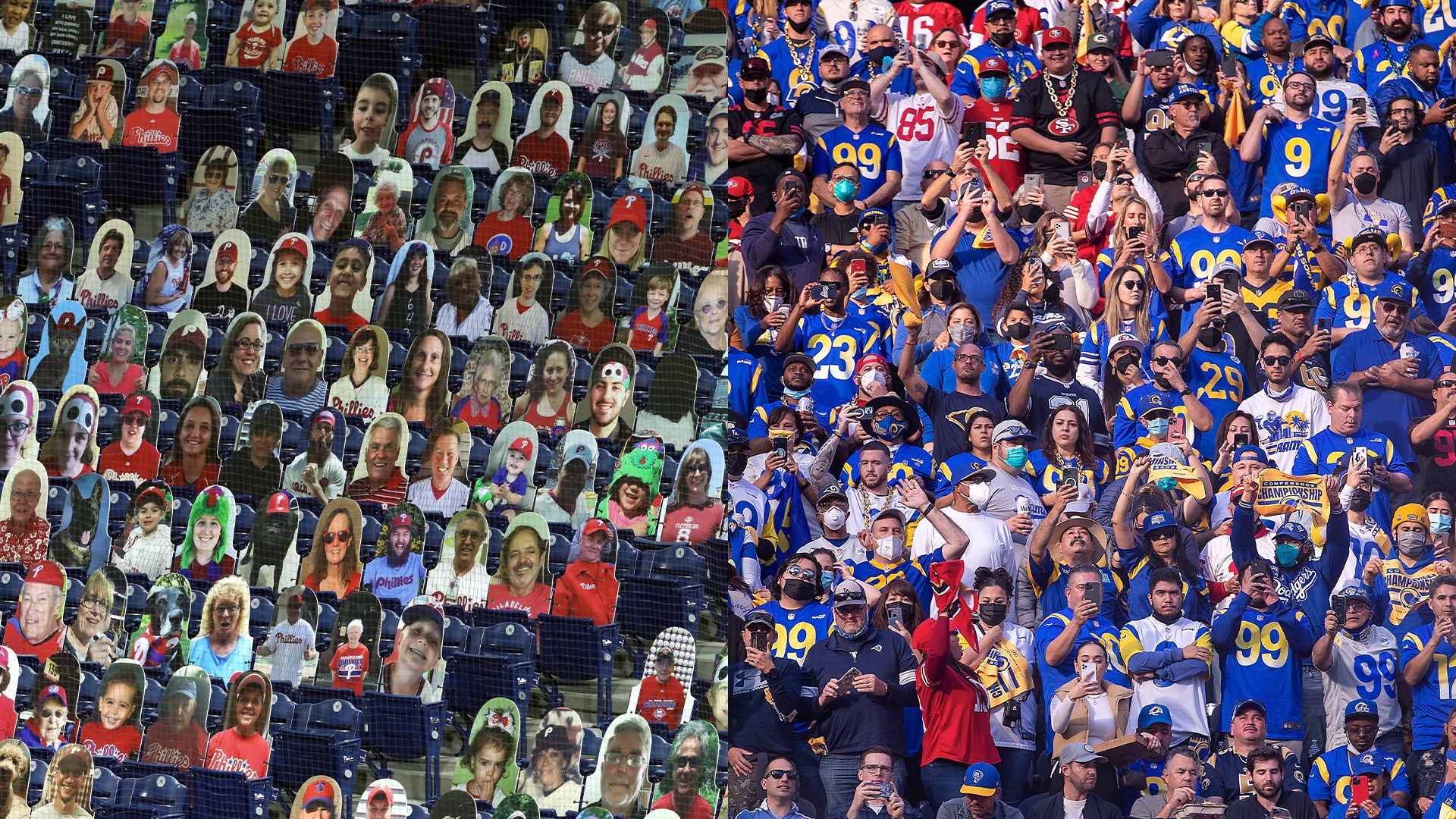 Side by side images of a sports stadium, one with cardboard cut out spectators, and one with actual people.