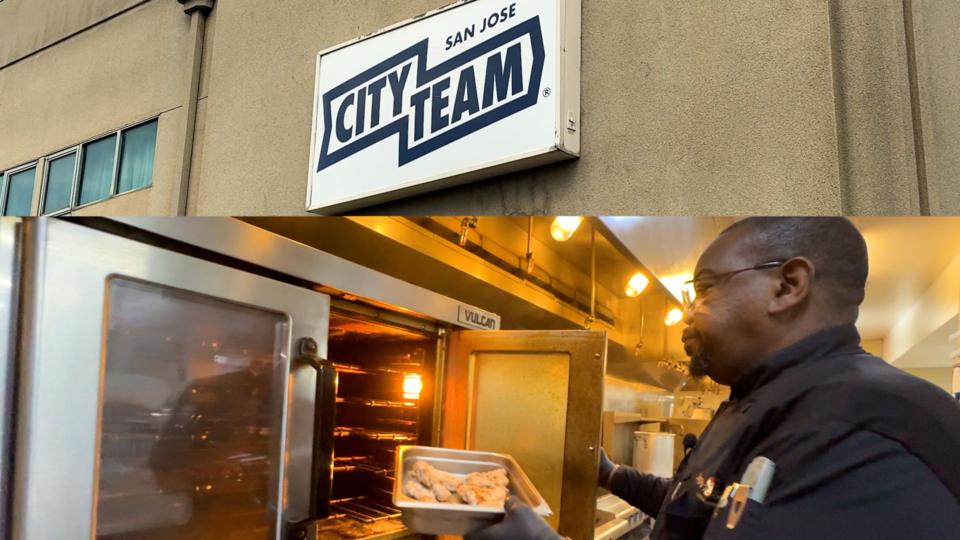 San Jose City Team sign above a kitchen scene where a man in black chef gear removes baked food from an open commercial oven with a metal tray inside a brightly lit industrial kitchen.