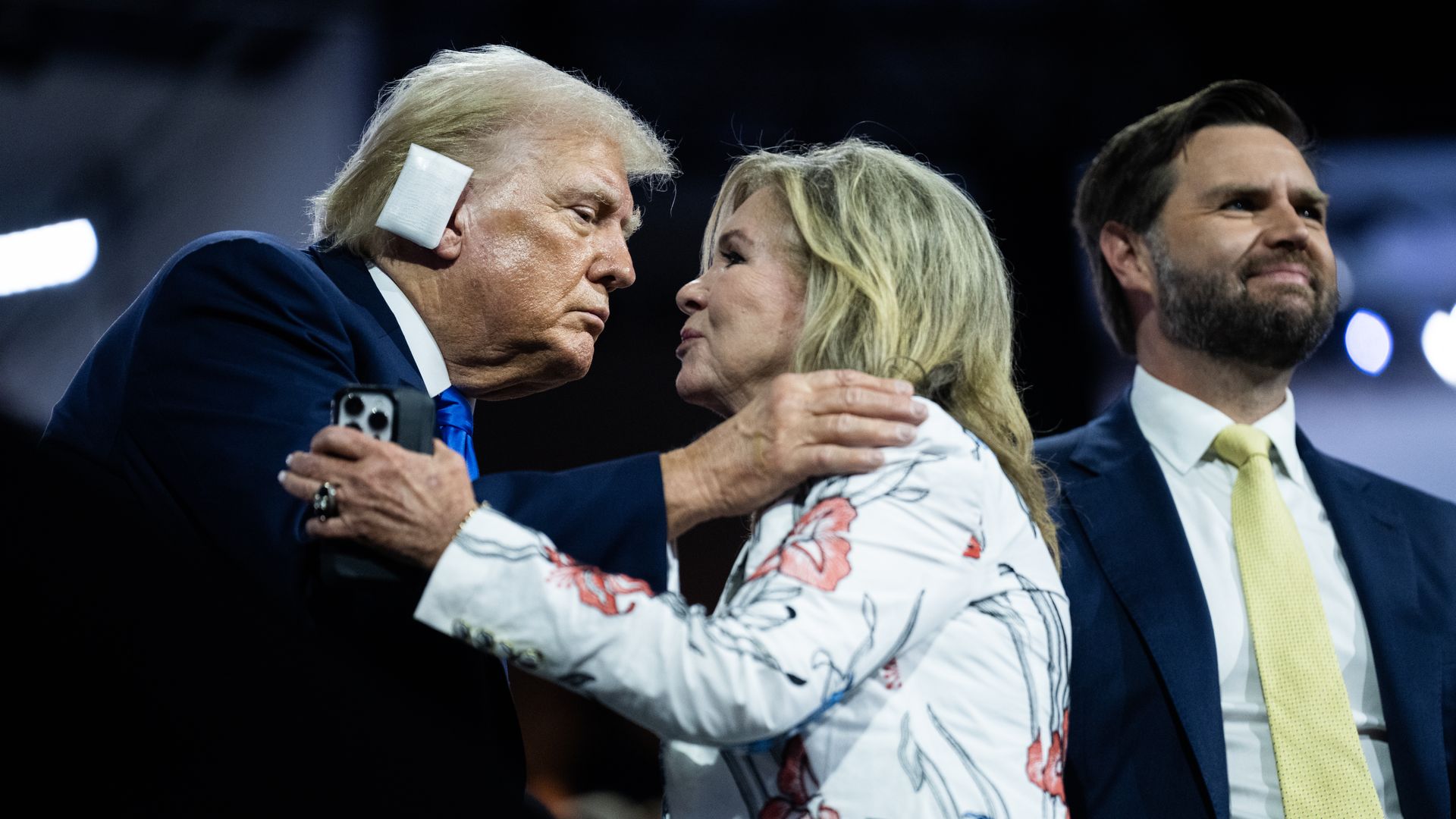 Former President Donald Trump, the Republican presidential nominee, greets Sen. Marsha Blackburn, R-Tenn., on the second day of Republican National Convention.