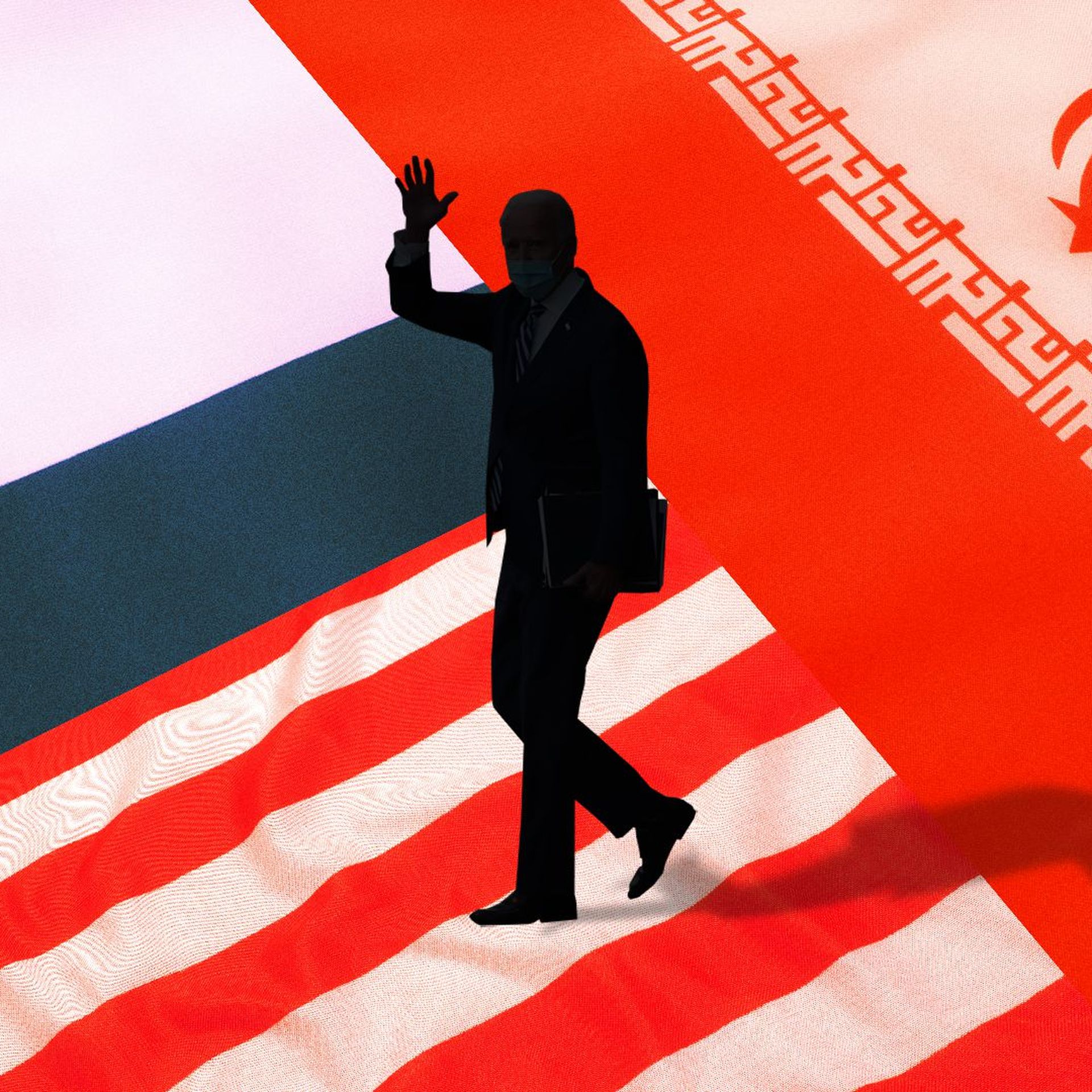 Illustration of a silhouette of Biden standing in front of the U.S., Iran, and Israel flags