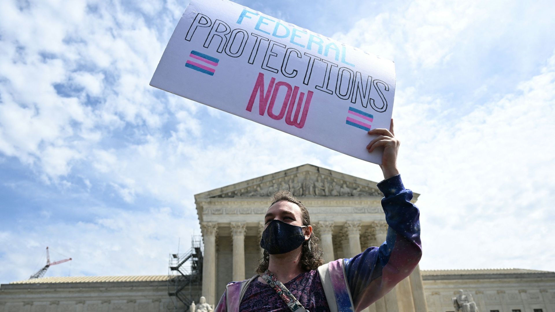 Photo of a protester holding a sign that has the trans flag and says "Federal protections now" outside the Supreme Court building