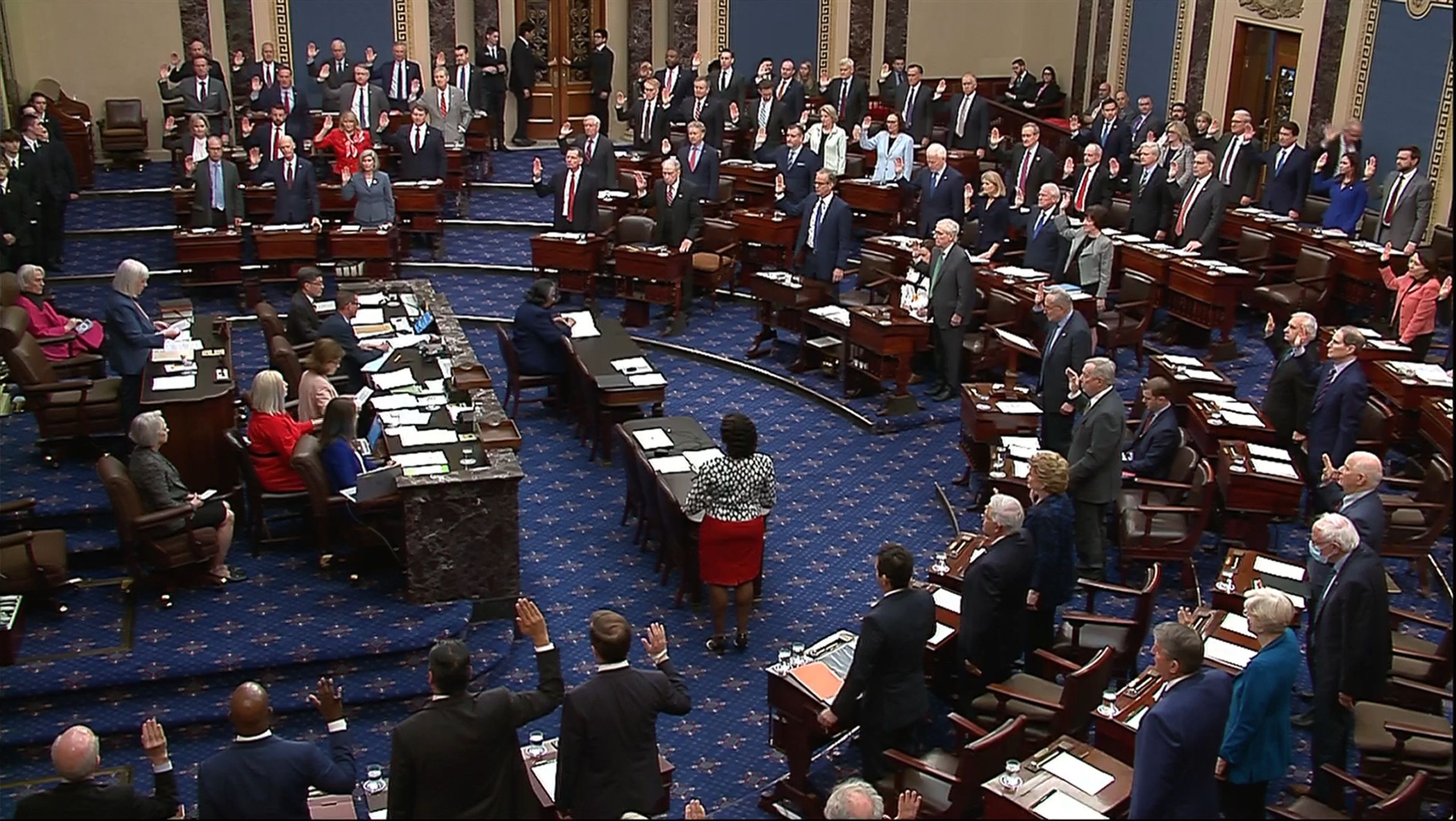 Sen. Patty Murray (D-Wash.) swears in senators for yesterday's impeachment trial.