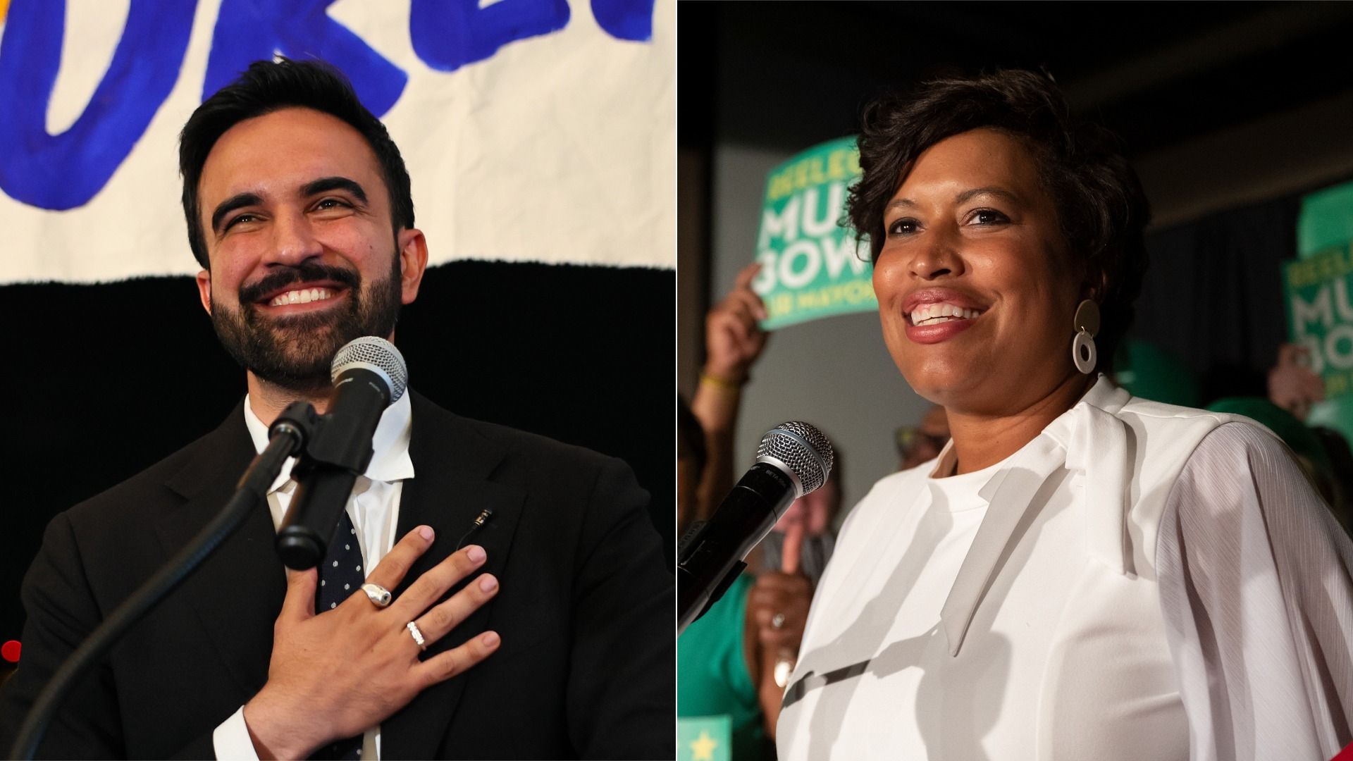 A photo collage of Zohran Mamdani side by side Muriel Bowser