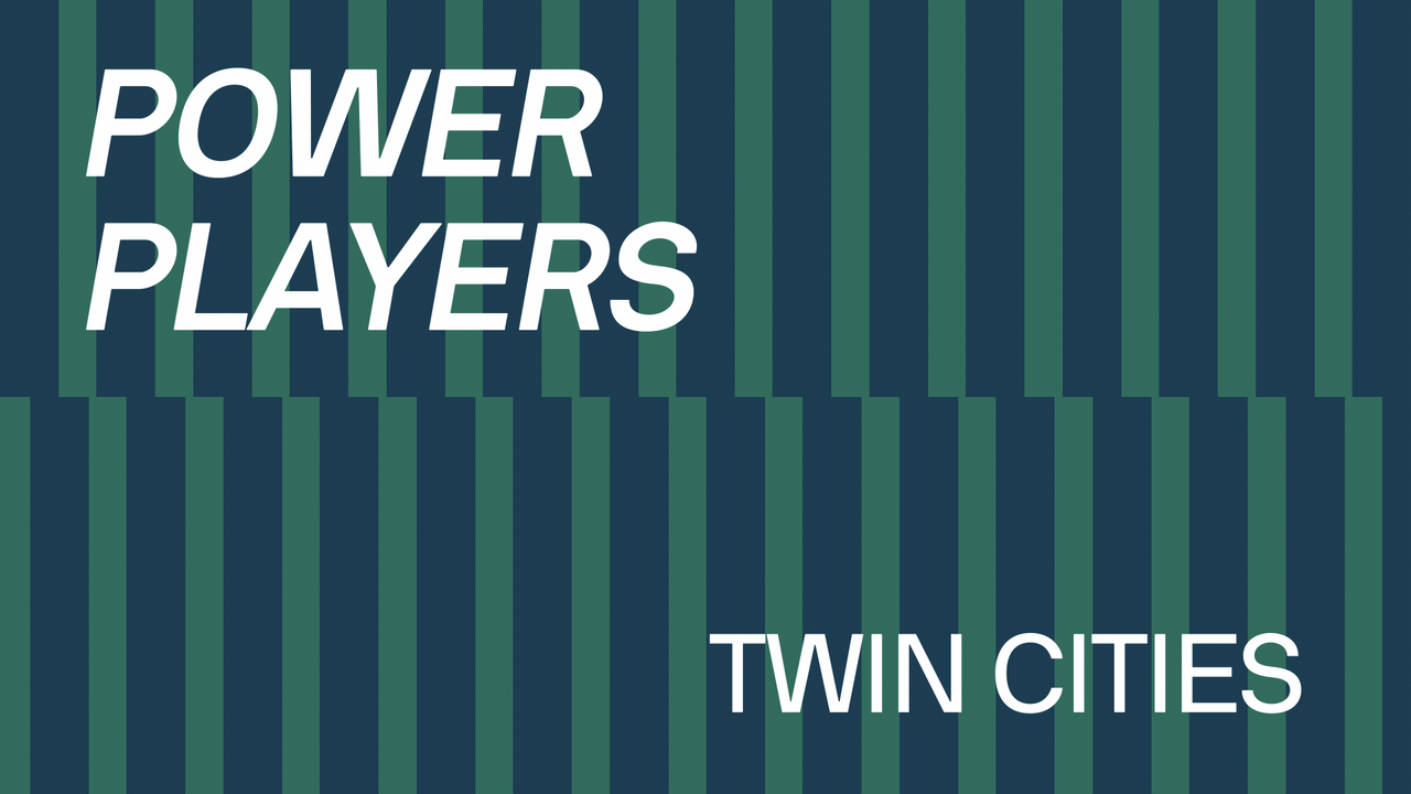 Illustration of two rows of dominos falling with text overlaid that reads Power Players Twin Cities.