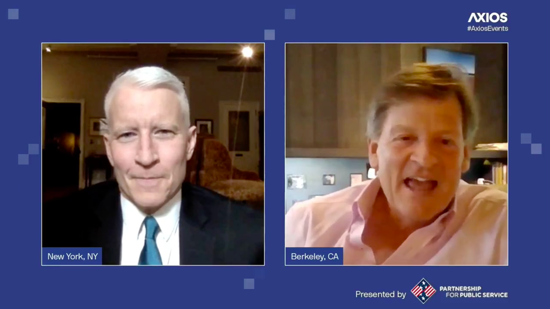 This image is a split screen of Anderson Cooper and Mike Lewis