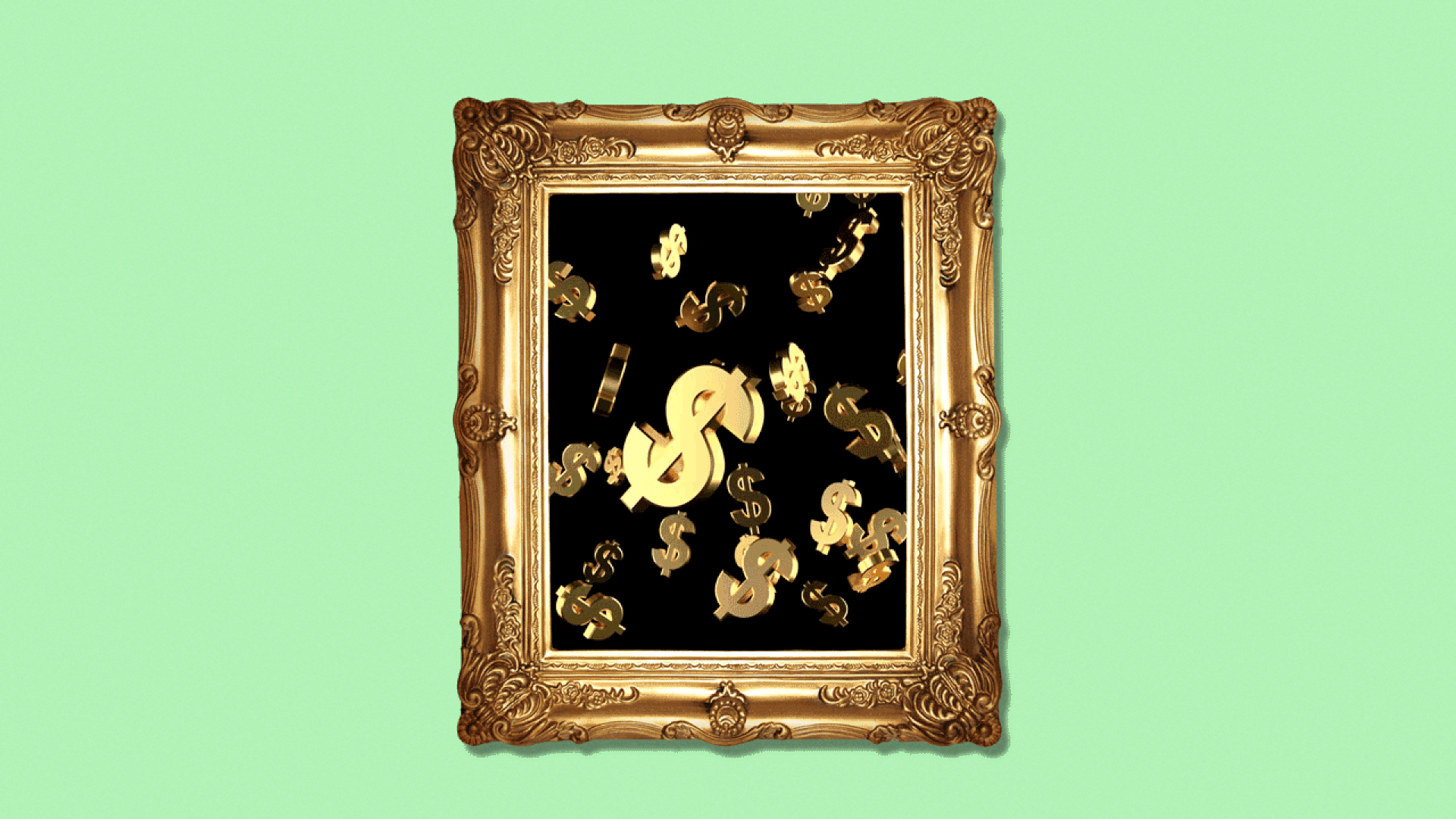 GIF of dollar bills tumbling down inside a framed canvas