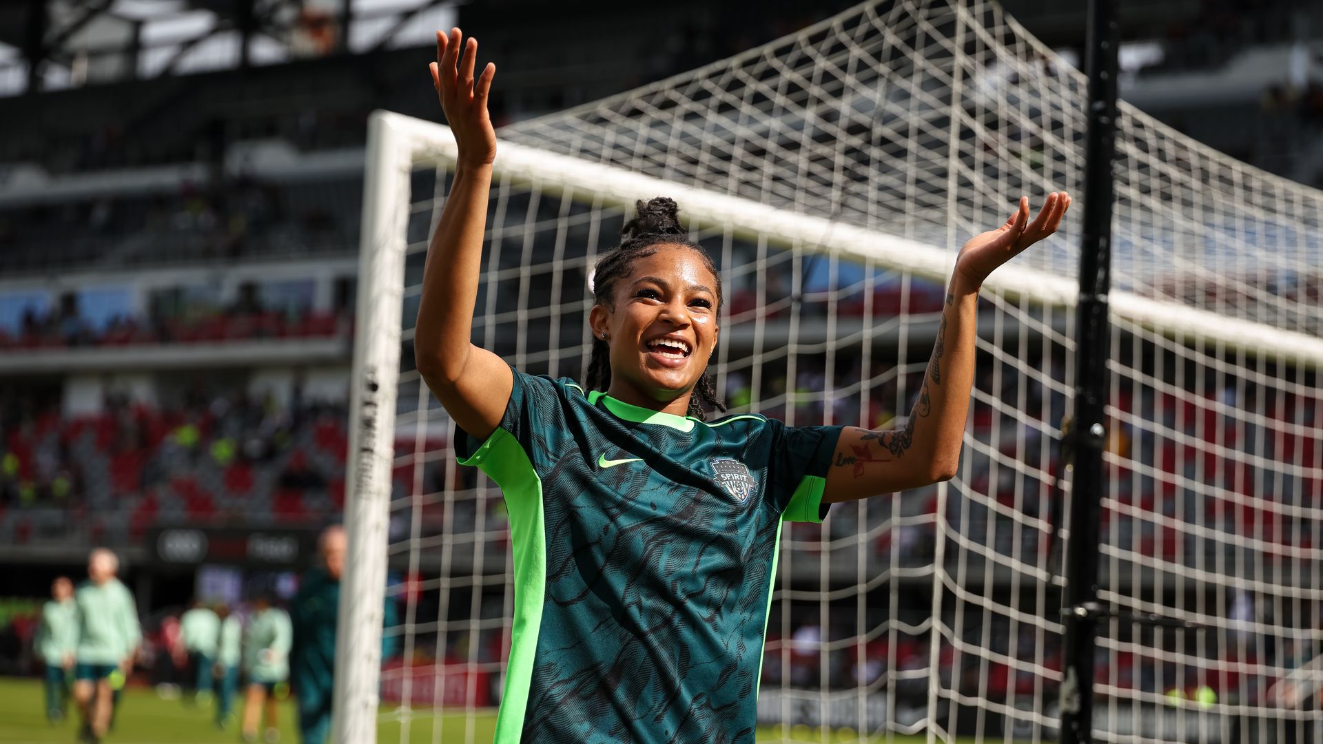 Croix Bethune #7 of the Washington Spirit reacts before the NWSL game against the Orlando Pride at Audi Field on October 18, 2025 in Washington, DC. (Photo by Scott Taetsch/NWSL via Getty Images)