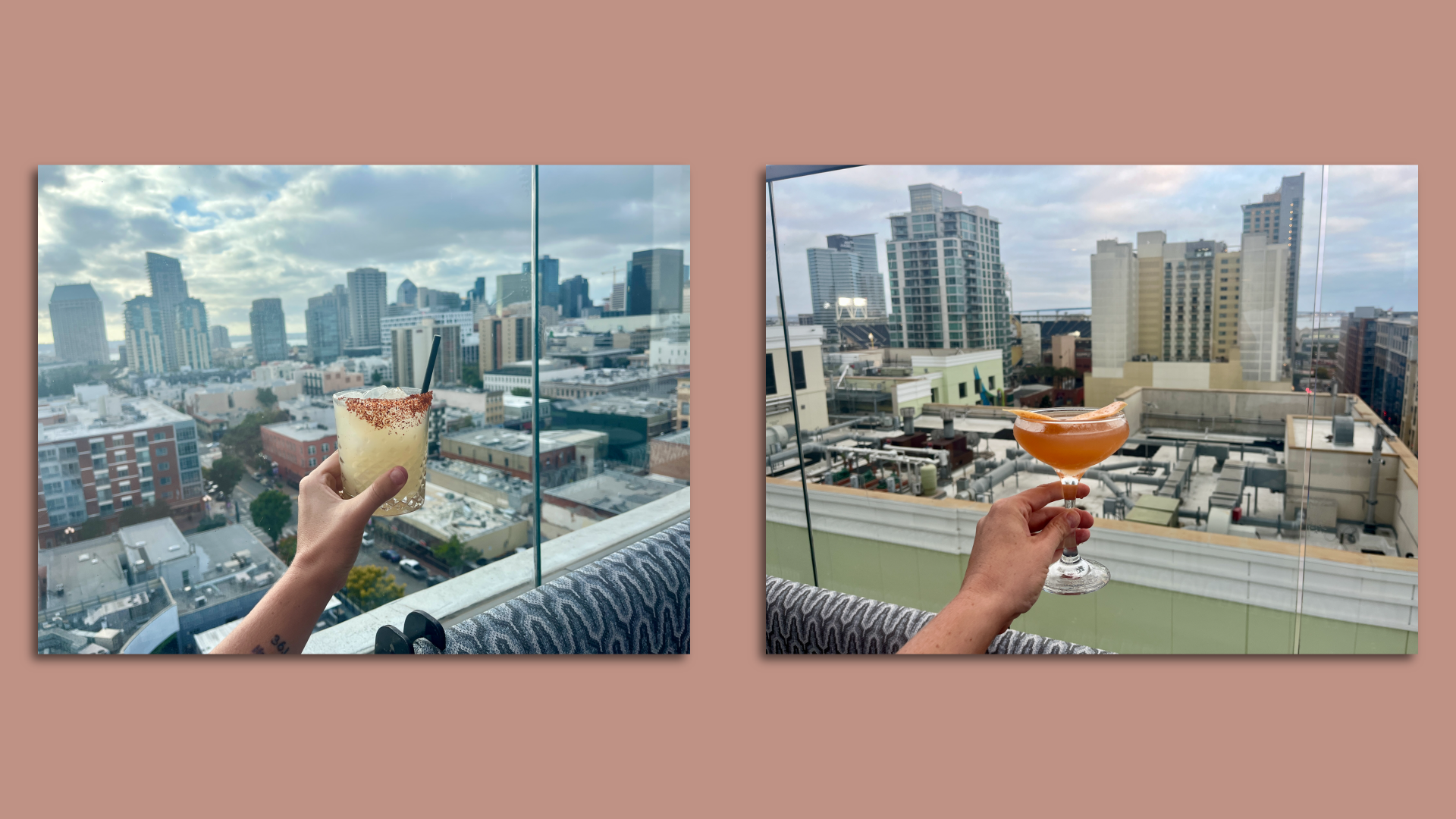 Two photos of a hand holding a cocktail in the air with city buildings in the background.