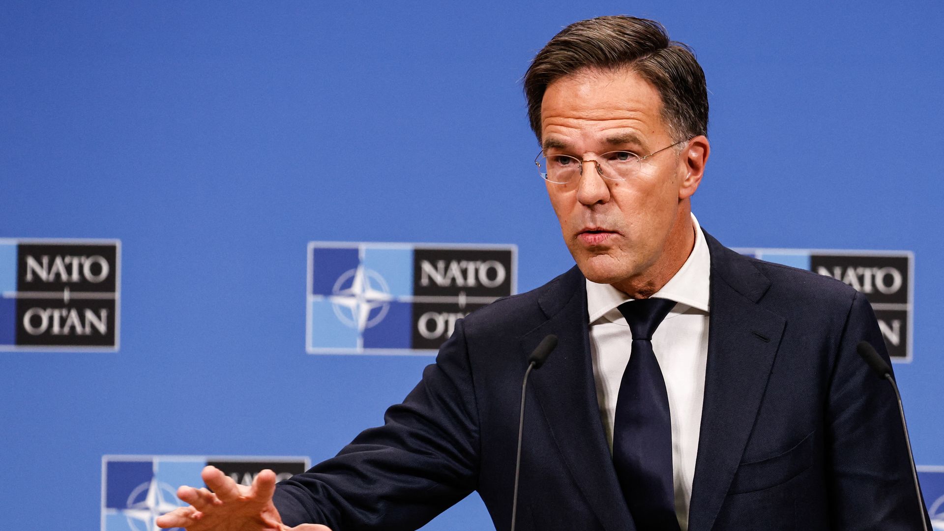 NATO Secretary General Mark Rutte addresses a press conference at the NATO headquarters in Brussels, on October 16
