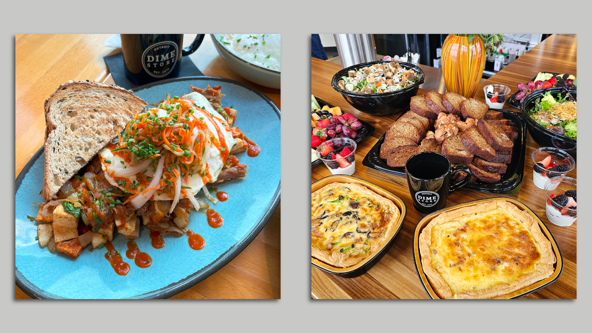 A dish with potatoes and eggs on the left, and a catering platter with baked goods and quiches on the right.