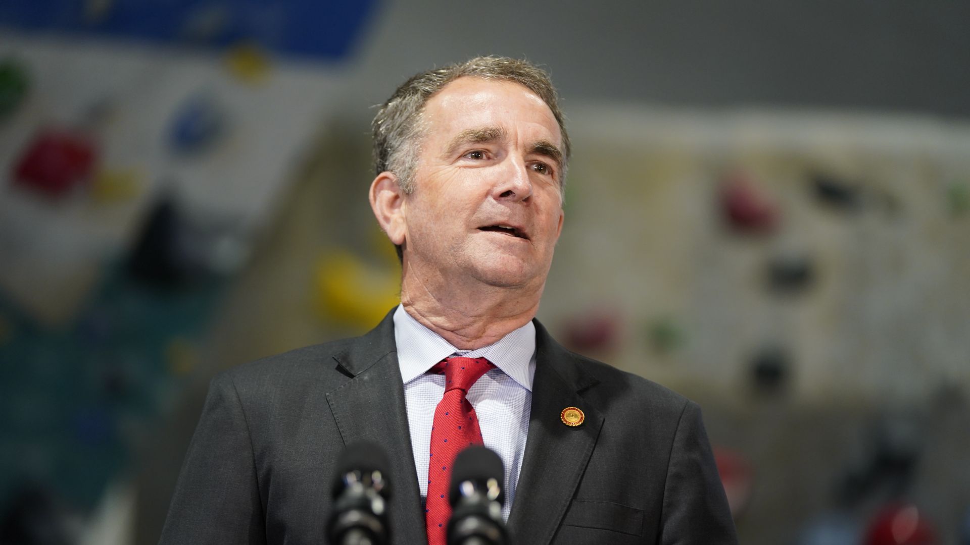 Ralph Northam, governor of Virginia, speaks at Sportrock Climbing Center during an event in Alexandria, Virginia, U.S., on Friday, May 28, 2021. 