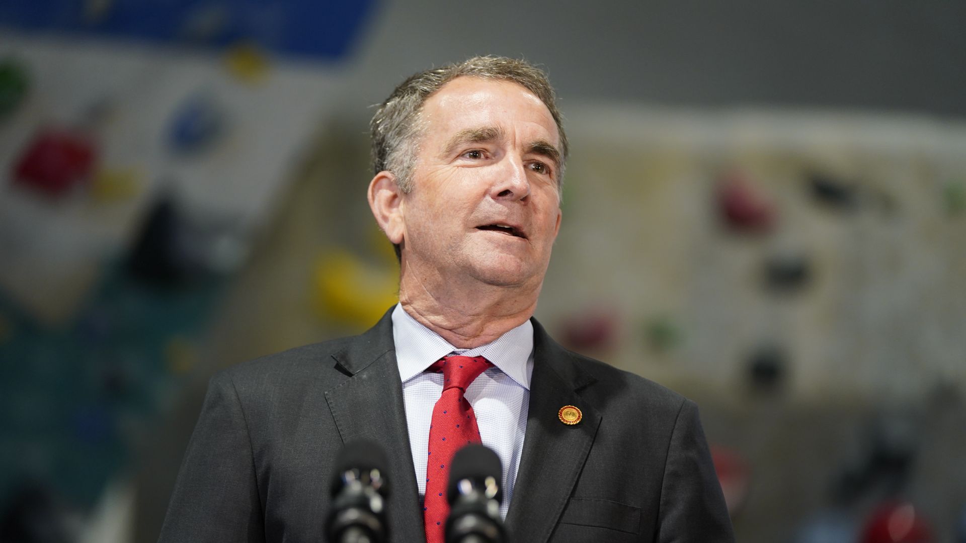 Ralph Northam, governor of Virginia, speaks at Sportrock Climbing Center during an event in Alexandria, Virginia, U.S., on Friday, May 28, 2021.