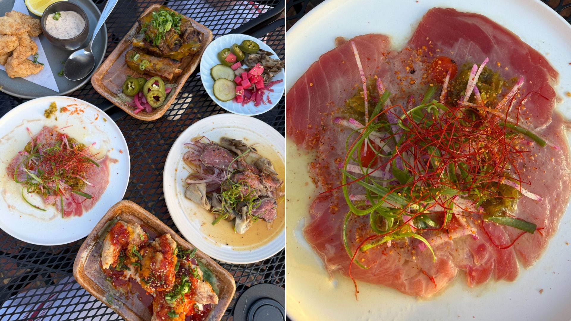 Collage of a table of assorted dishes: left, grilled meat with jalapeños, fried chicken and pickled veggies; right, round plate of tuna carpaccio with greens, red chili threads and spices.
