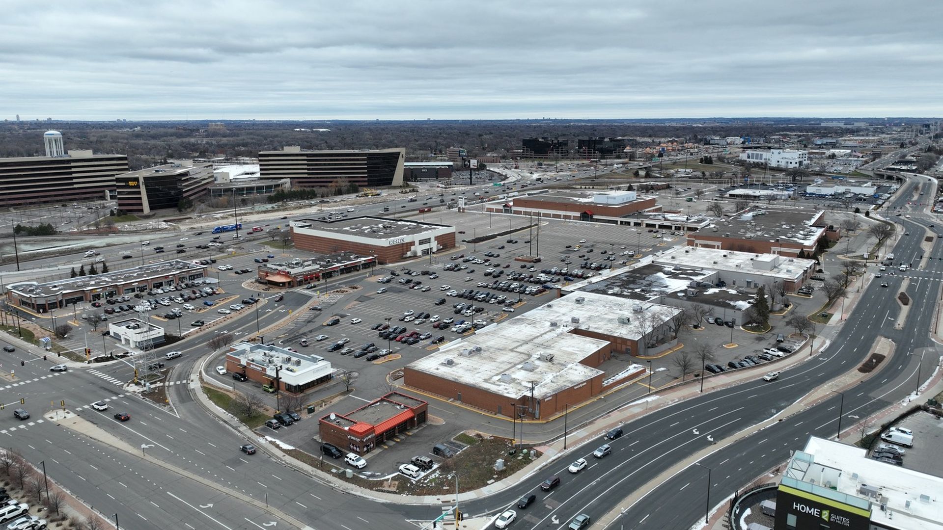 An aerial view of Southtown, with 494 and the Best Buy campus in the background