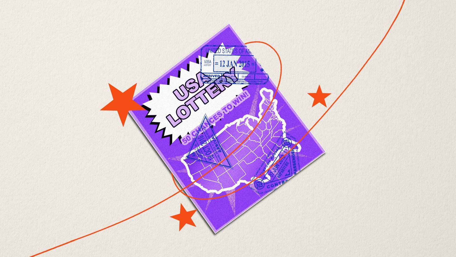 Illustrated collage of a scratch off card covered in travel stamps surrounded by stars. Scratch off reads, "USA Lottery". 