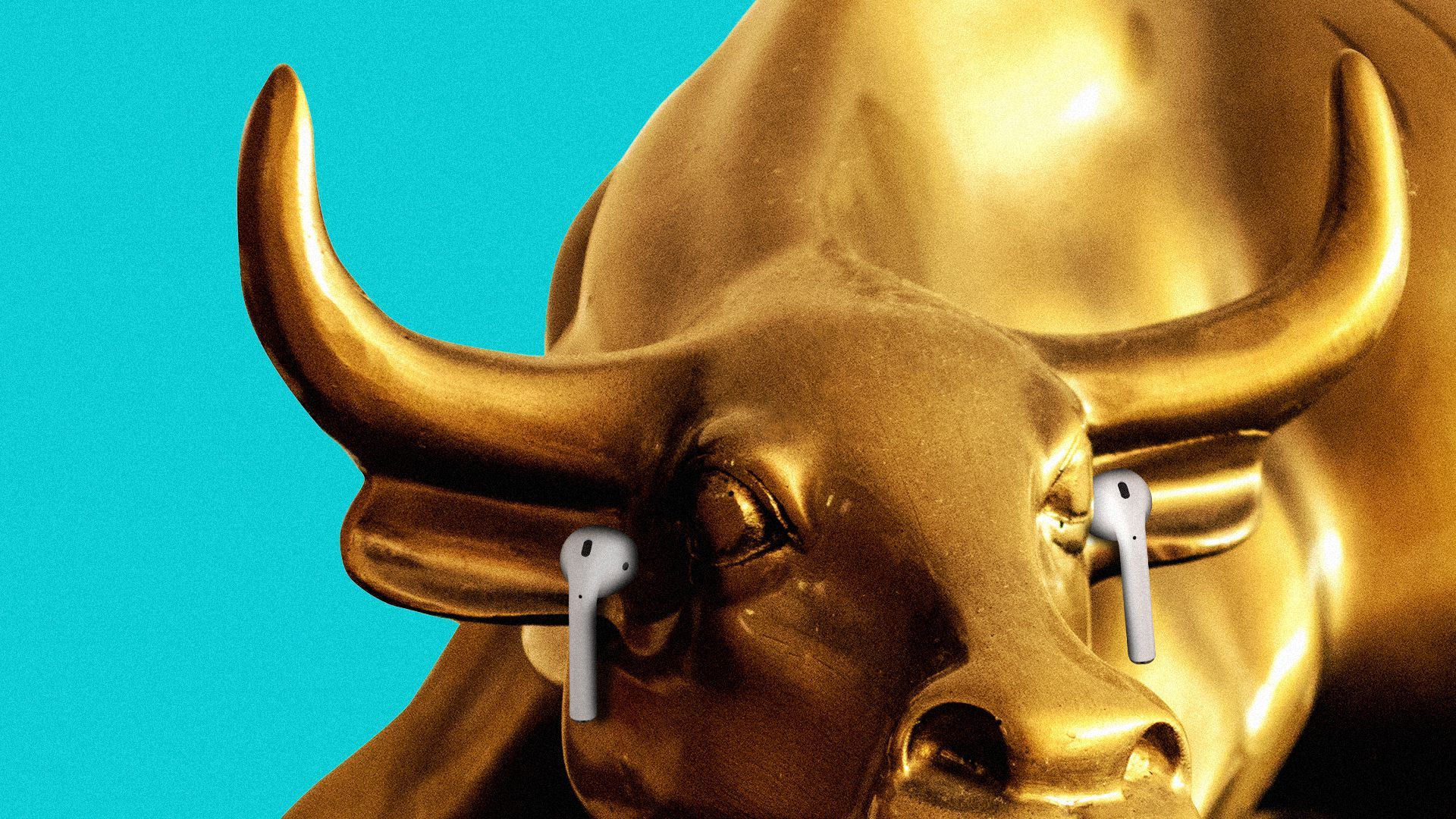 Illustration of the Charging Bull wearing AirPods. 