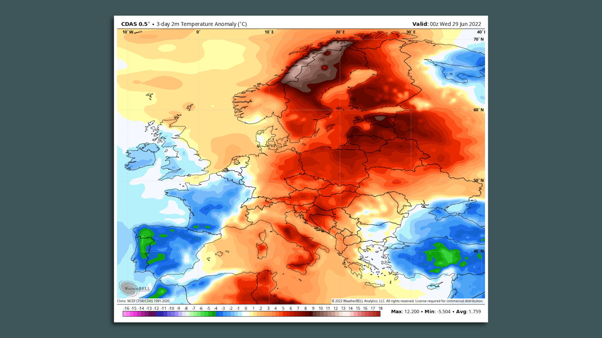 Map showing 3-day temperature anomalies across Europe ending June 29, 2022.