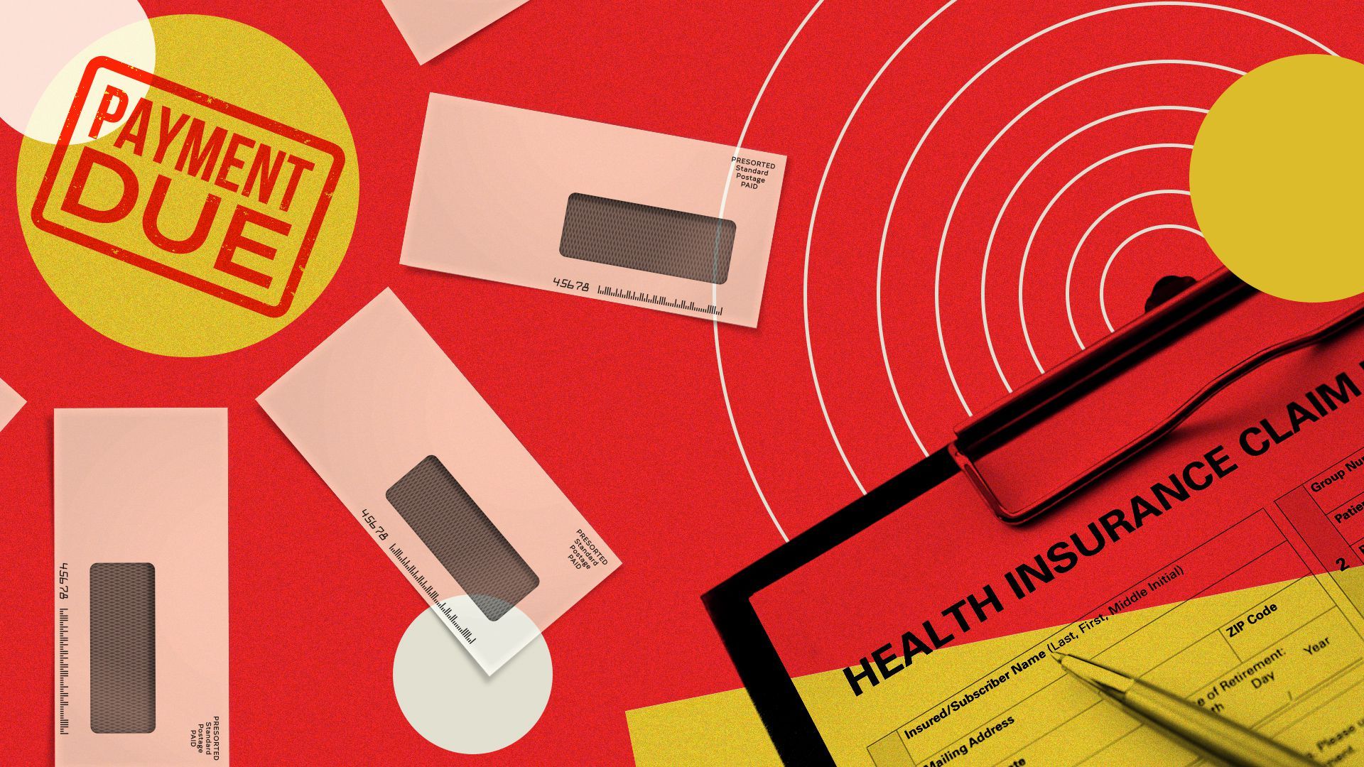 Illustration of a health insurance claim form and a stamp saying "payment due" surrounded by bill envelopes.