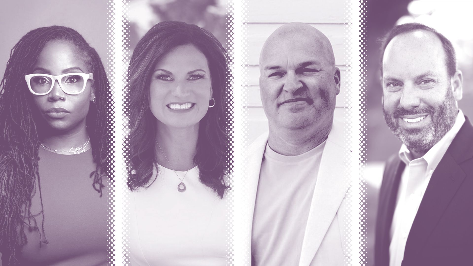 Photo illustration of Vonnice Boone, Rachel Crawford, Trey Weaver and Clay Kendall, tinted purple, and separated by white halftone dividers.