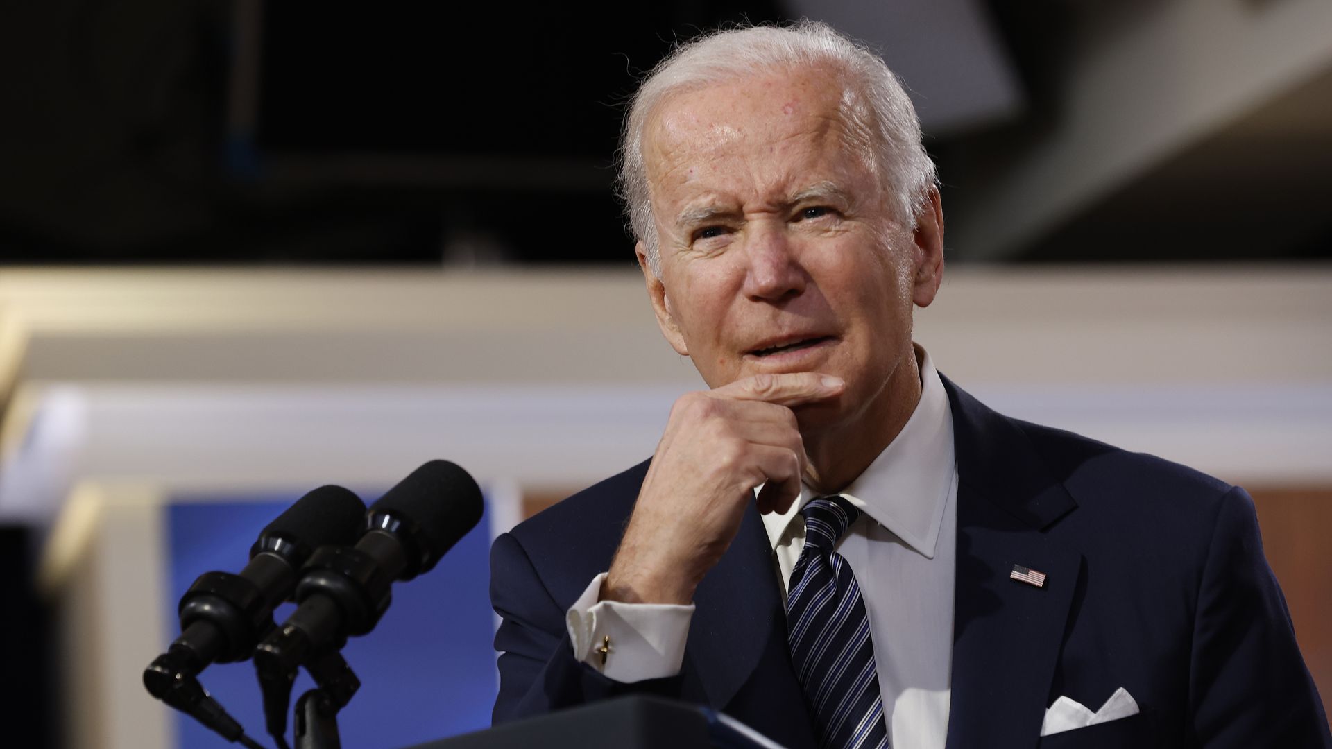 President Biden answers reporters' questions in the Eisenhower Executive Office Building on December 10, 2021 in Washington, DC.
