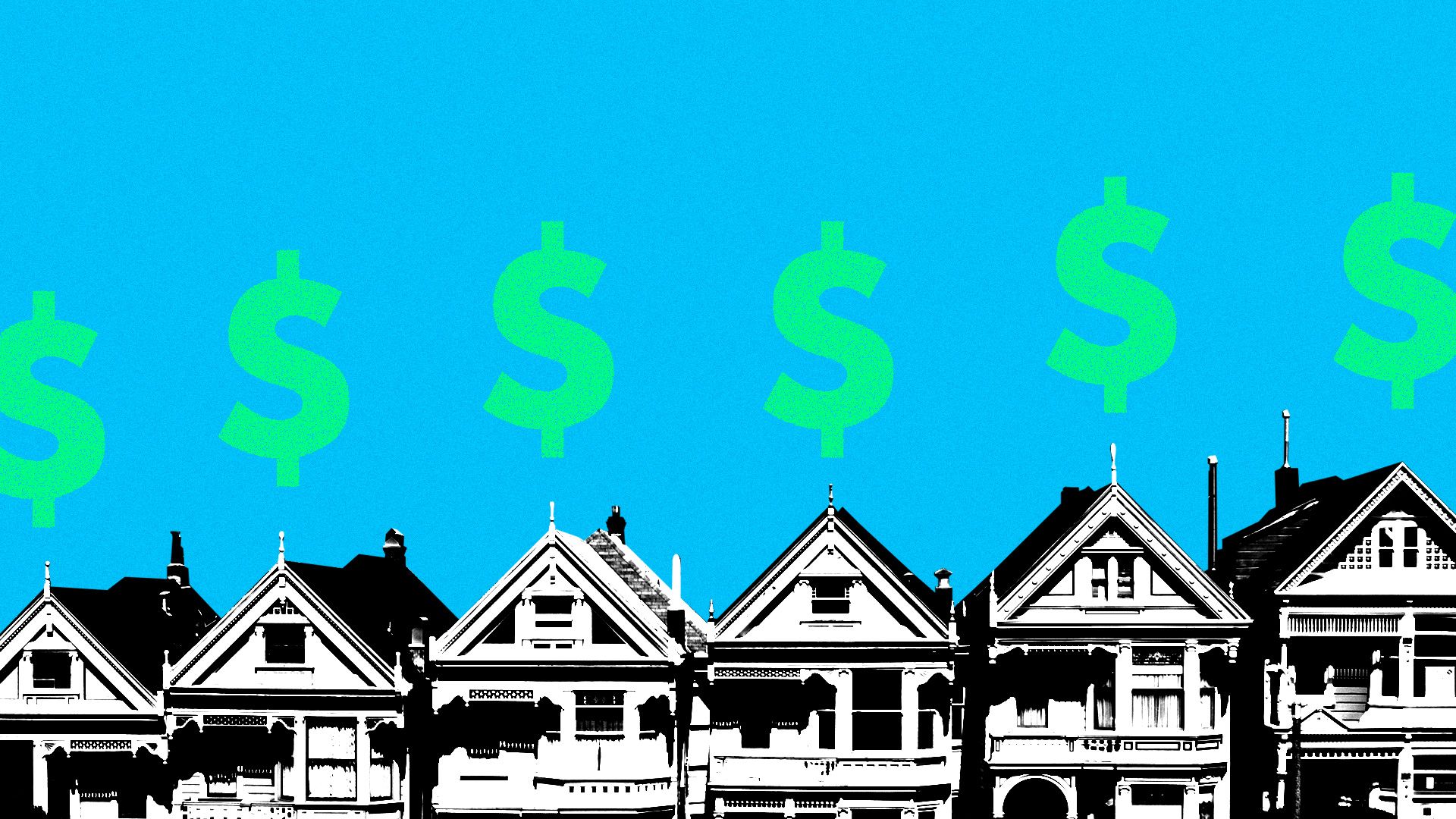 San Francisco rowhouses with dollar signs floating above them
