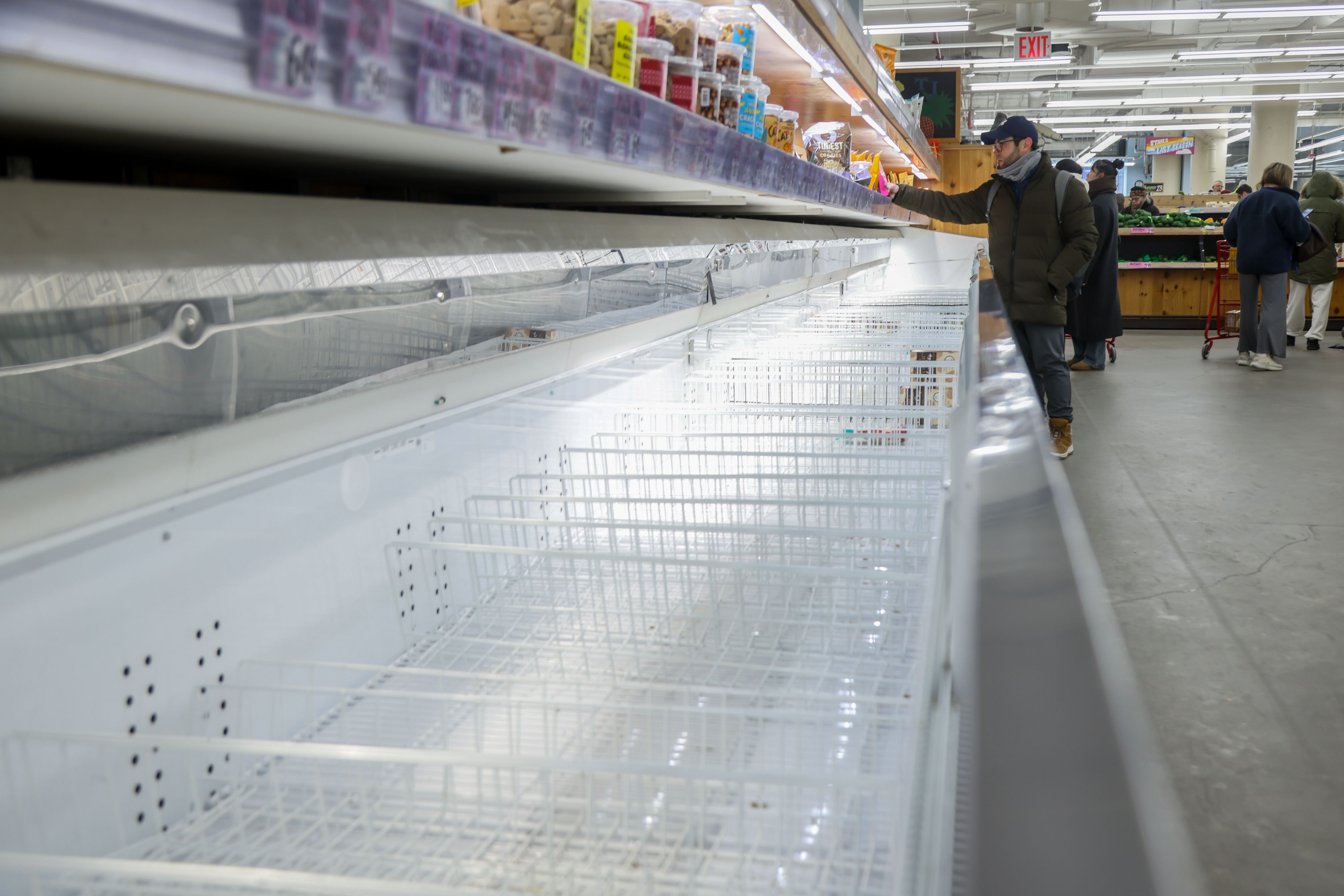 A shopper in New York City browses nearly empty grocery store shelves. 