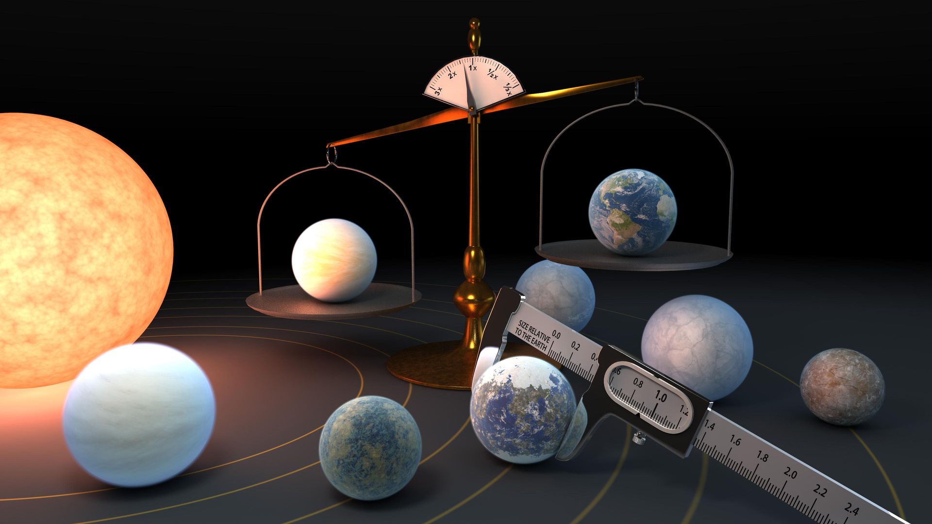 An illustration of seven planets orbiting a red-tinted star. Some of the planets are on a scale.